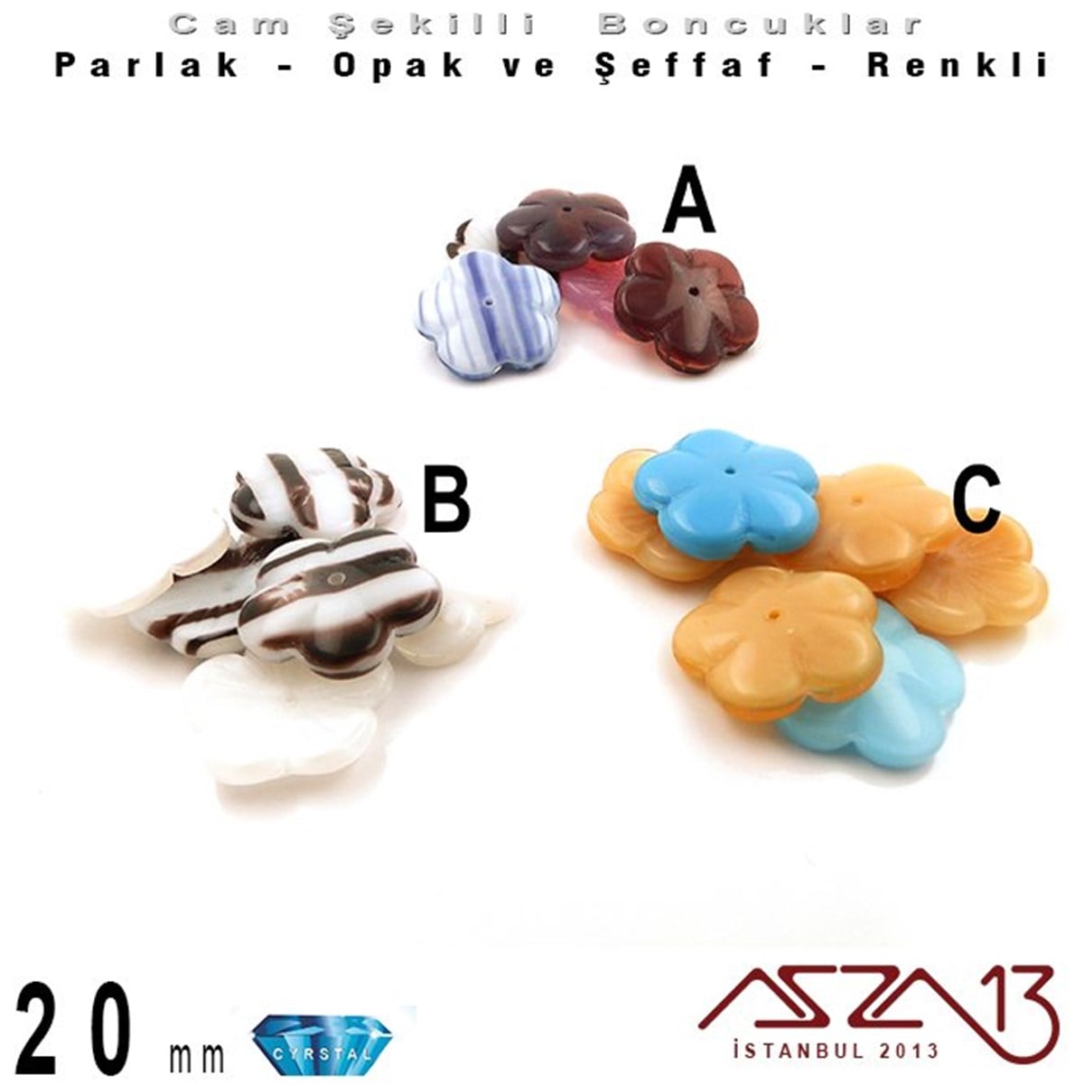Çek  Kristal BoncukBONCUK ve TAŞMarkasızÇek Kristal Çiçek Boncuk - 20 mm - Opak Karışık Renk - 6 Adet