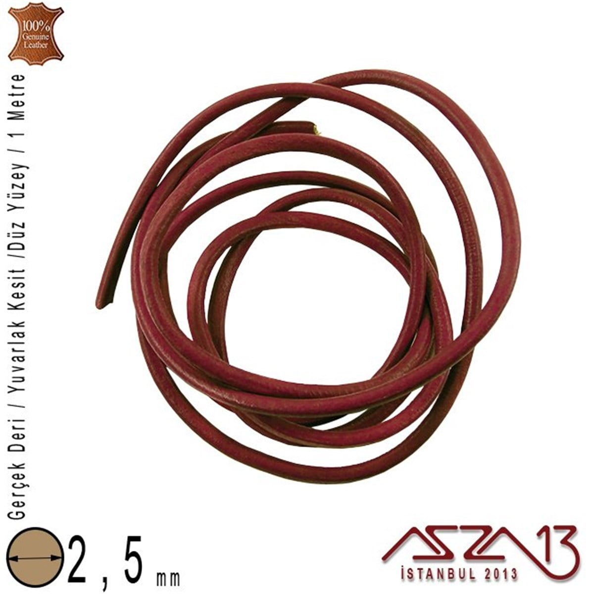 Deri Kordon ve KayışlarTAKI MALZEMEMarkasızGerçek Deri - 2,5 mm - Koyu Bordo - Yuvarlak Kesit - Kordon  / 1 Metre