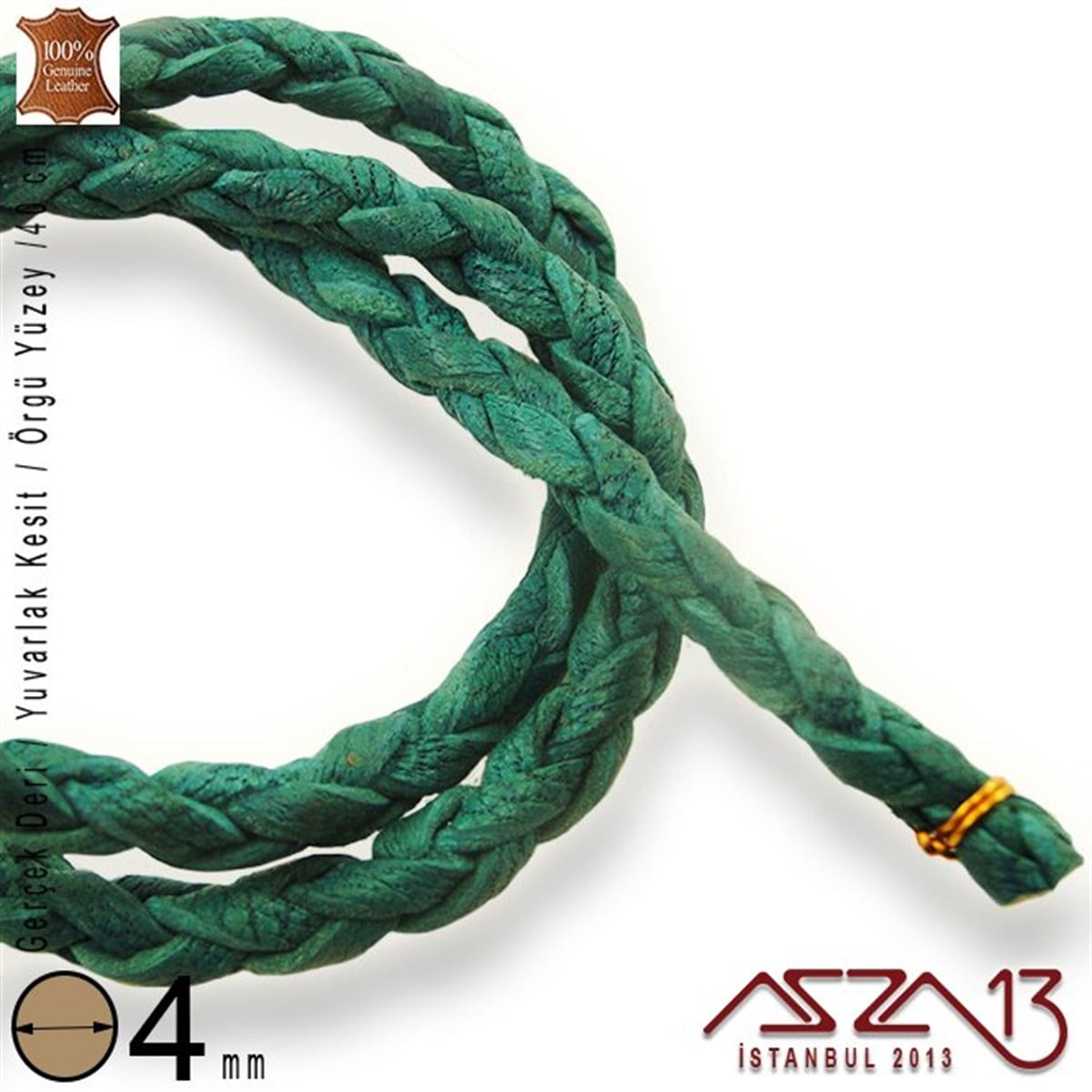 Deri Kordon ve KayışlarTAKI MALZEMEMarkasızGerçek Deri - 4 mm - Küf Yeşili - Örgü Yüzey - Yuvarlak Kesit - Kordon / 40 cm