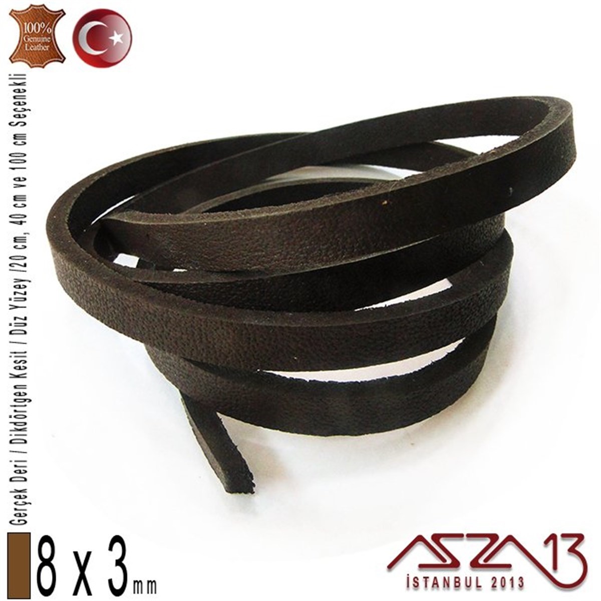 Deri Kordon ve KayışlarTAKI MALZEMEMarkasızGerçek Deri - 8x3 mm - Koyu Kahve - Düz Yüzey - Dikdörtgen Kesit Kordon / 20 cm - 40 cm - 100 cm