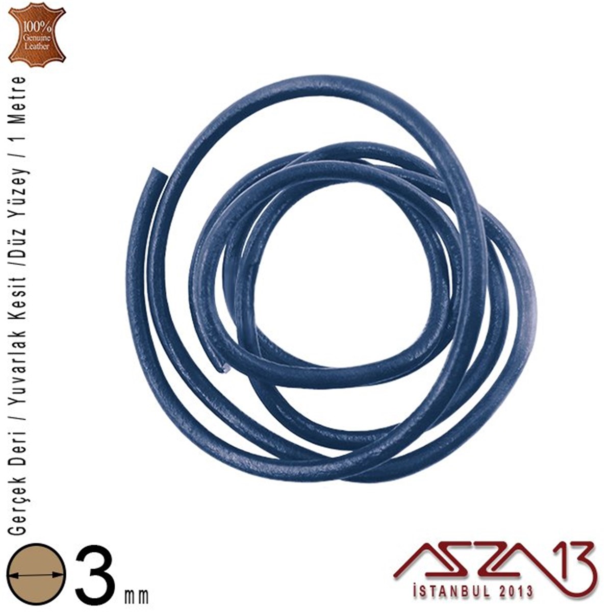 Deri Kordon ve KayışlarTAKI MALZEMEMarkasızGerçek Deri - 3 mm - Royal Mavi - Düz Yüzey - Yuvarlak Kesit - Kordon / 1 Metre