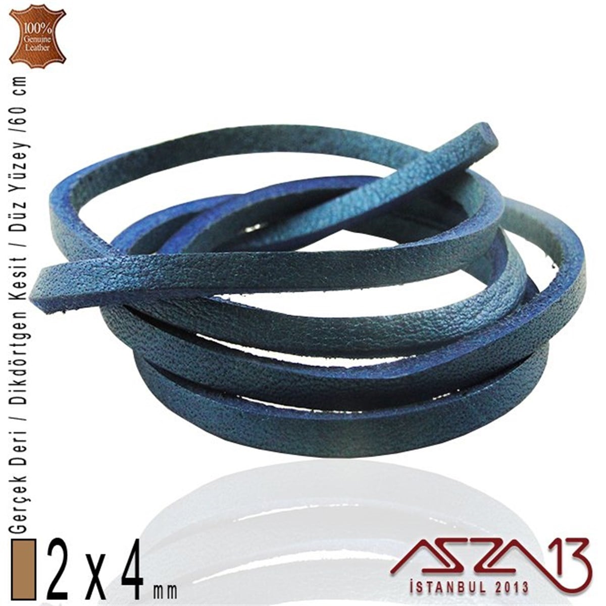 Deri Kordon ve KayışlarTAKI MALZEMEMarkasızGerçek Deri - 2x4 mm - Denizci Mavi - Düz Yüzey - Dikdörtgen Kesit - Kordon / 60 cm