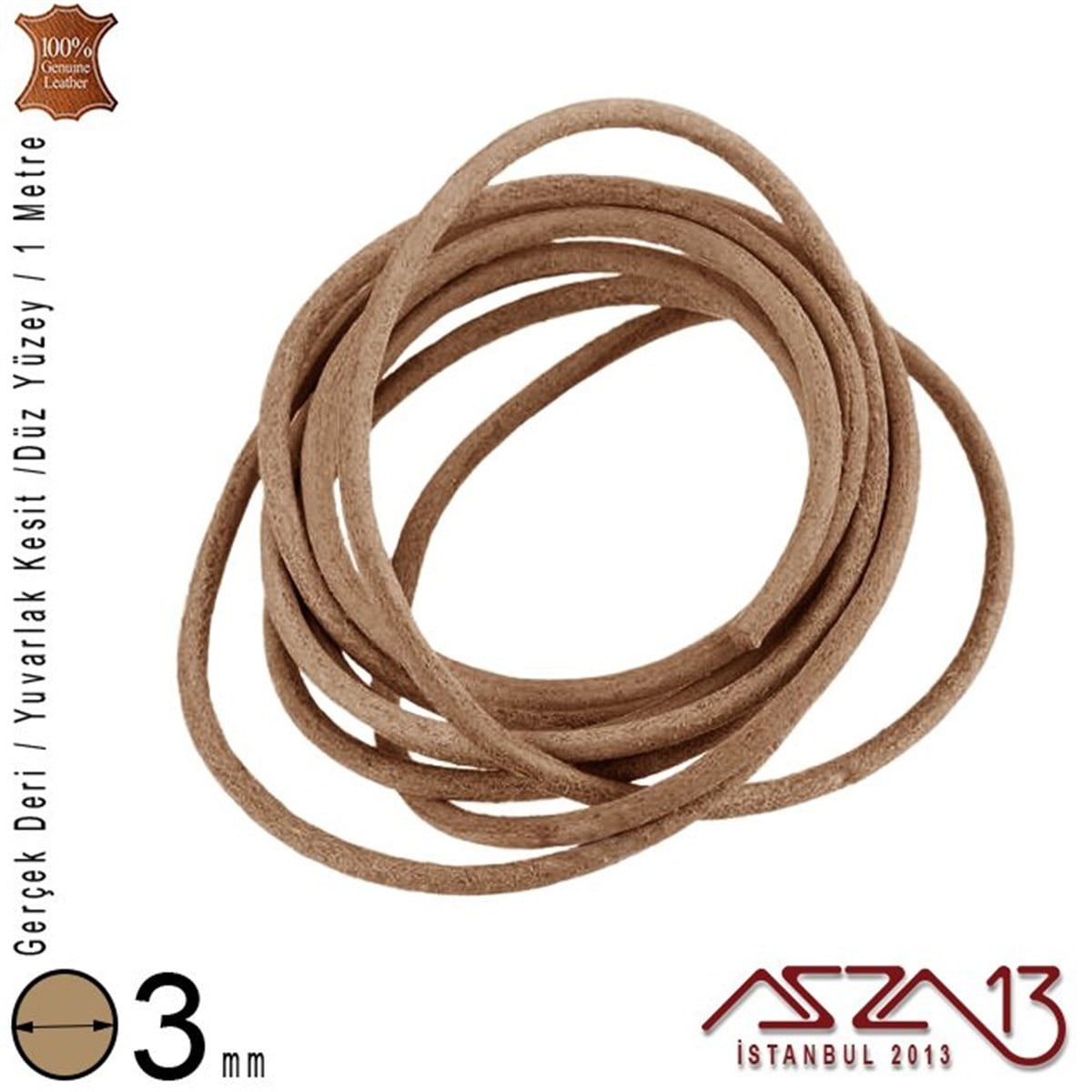 Deri Kordon ve KayışlarTAKI MALZEMEMarkasızGerçek Deri - 3 mm - Naturel - Düz Yüzey - Yuvarlak Kesit - Kordon / 1 Metre