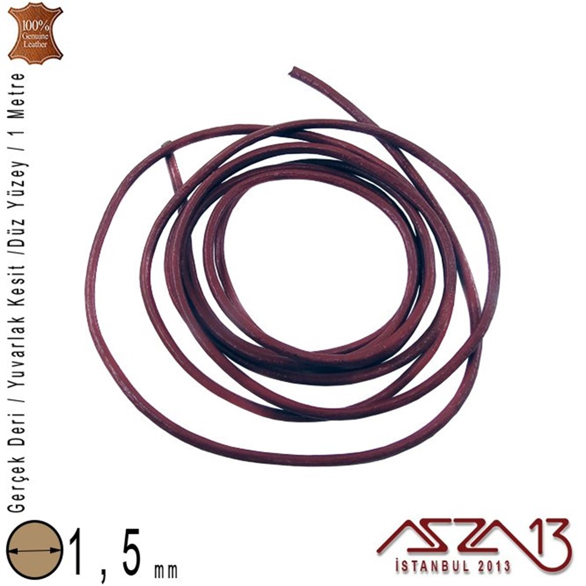 Deri Kordon ve KayışlarTAKI MALZEMEMarkasızGerçek Deri - 1,5 mm - Bordo - Düz Yüzey - Yuvarlak Kesit - Kordon / 1 Metre