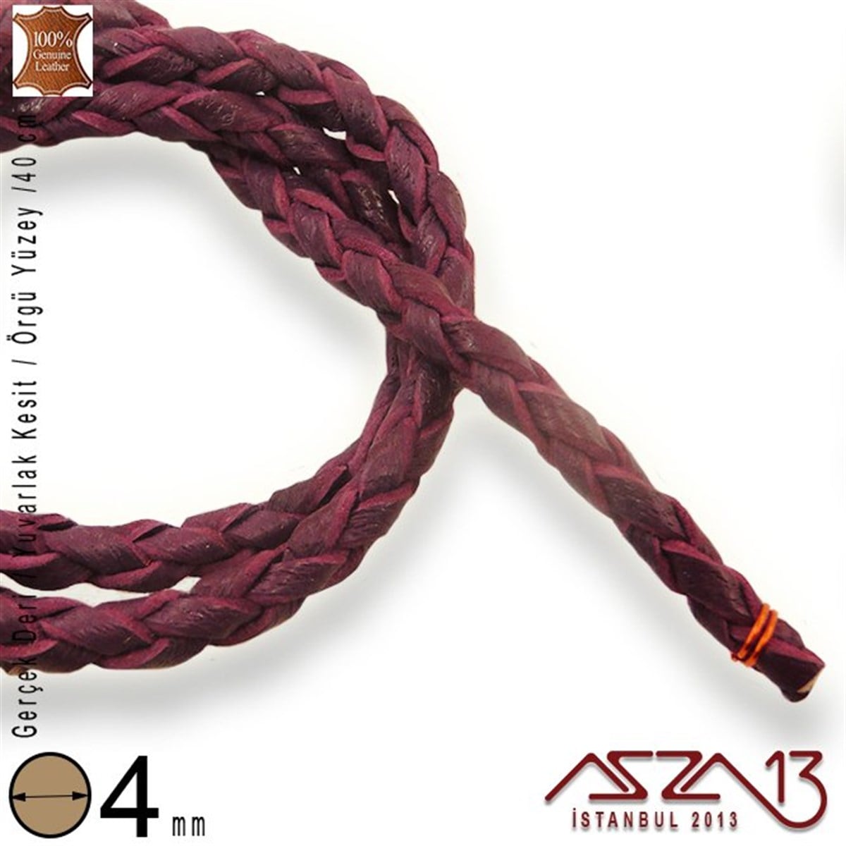 Deri Kordon ve KayışlarTAKI MALZEMEMarkasızGerçek Deri - 4 mm - Vişne Çürüğü - Örgü Yüzey - Yuvarlak Kesit - Kordon / 40 cm