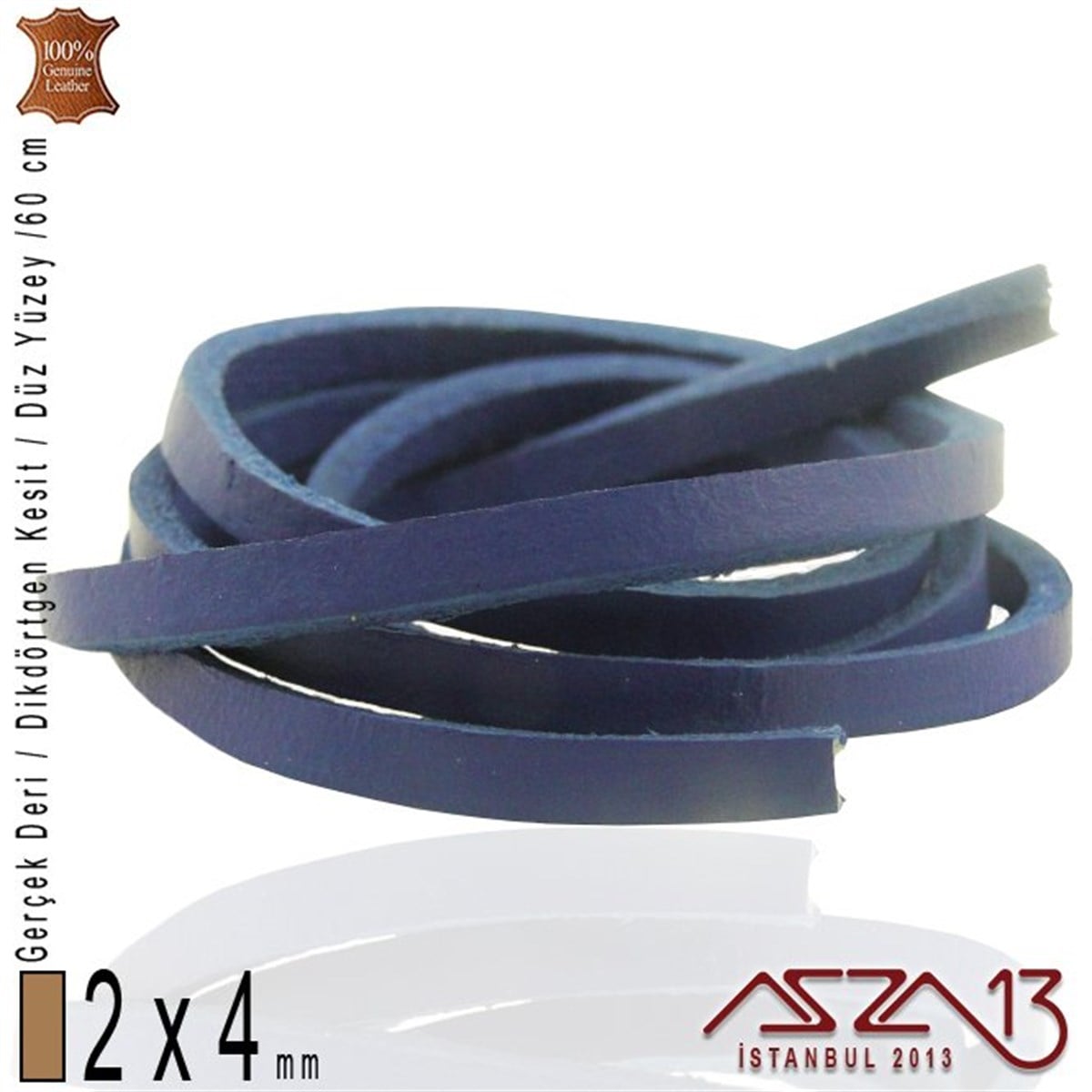Deri Kordon ve KayışlarTAKI MALZEMEMarkasızGerçek Deri - 2x4 mm - Kobalt Mavi - Düz Yüzey - Dikdörtgen Kesit - Kordon / 60 cm