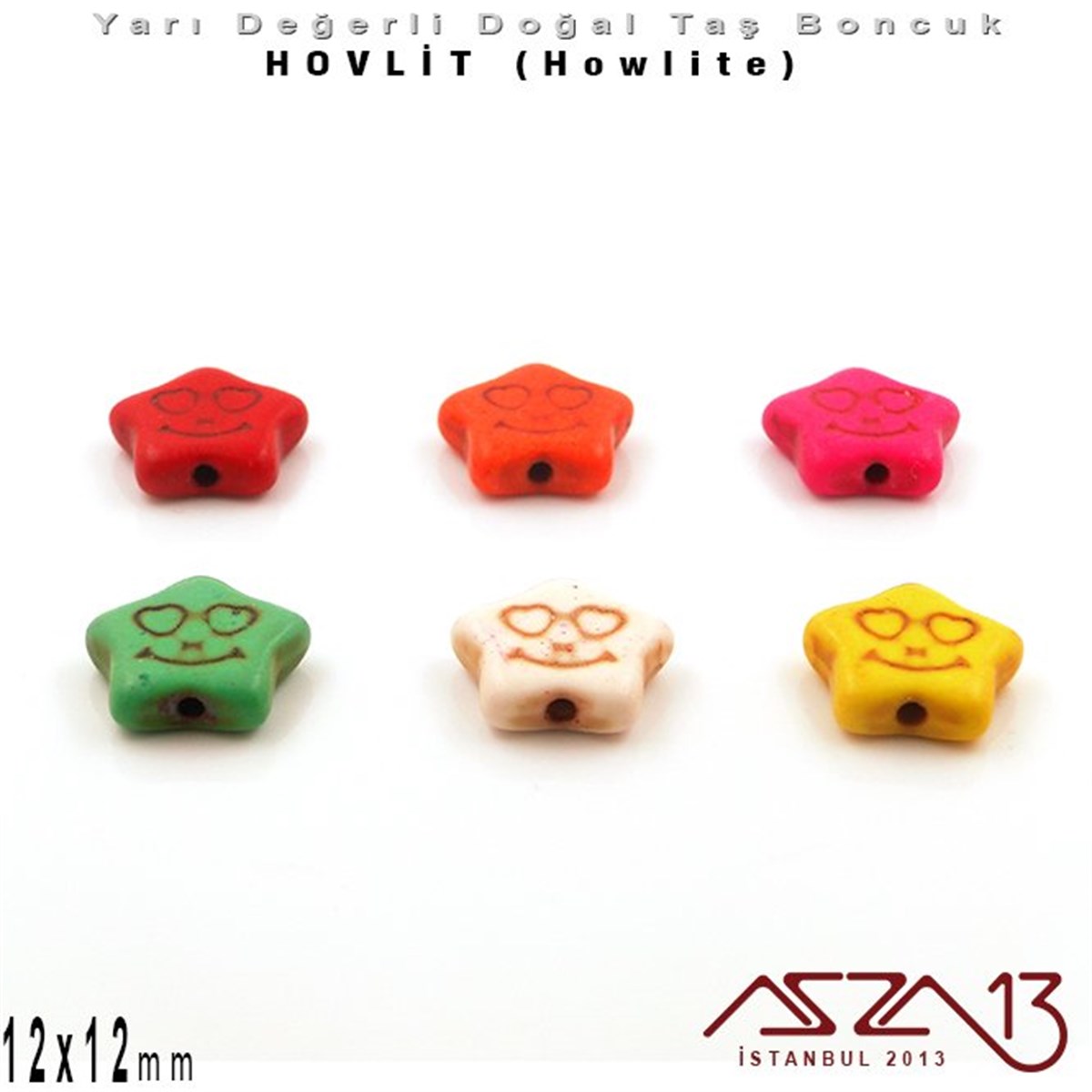 Doğal Taş BoncuklarBONCUK ve TAŞMarkasız12x12 mm - Gülen Yüz İfadeli Yıldız - Düz Yüzey - Hovlit (Howlite) Boncuk / 3 Adet