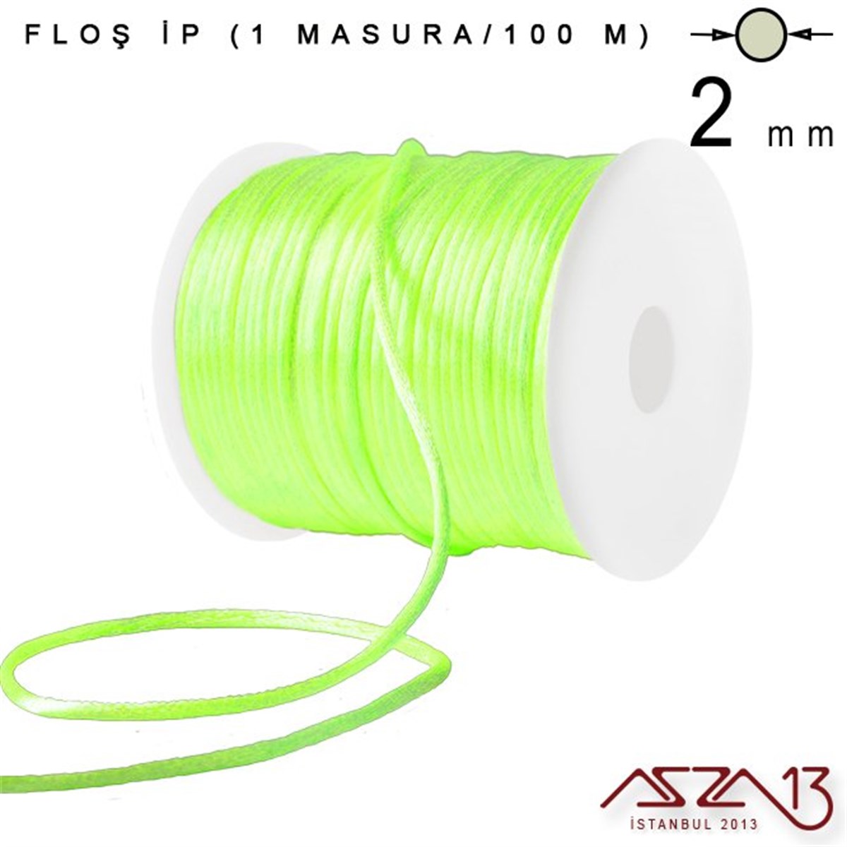 Floş İpler (Rattail Satin Cord)İp, Kordon, MisinaMarkasızNeon Yeşil 2,00 mm Floş İp - 100 m / 1 Masura
