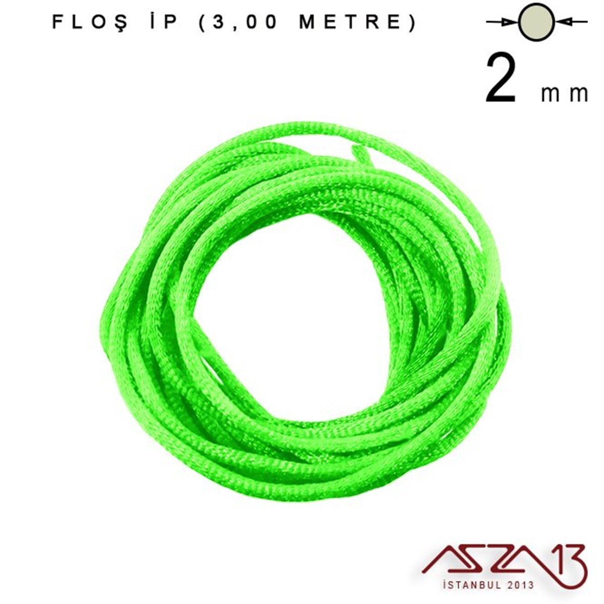 Floş İpler (Rattail Satin Cord)İp, Kordon, MisinaMarkasızNeon Yeşil - 2,00 mm - Floş İp / 3 Metre
