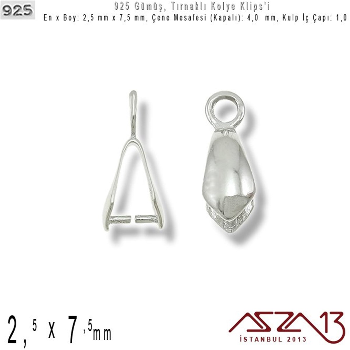 Gümüş Halka, Gümüş Top, Gümüş İğne, Gümüş KapamaGÜMÜŞazza13925 Ayar - 2,5 mm x 7,5 mm Ebatlarında - Tırnaklı Kolye Klipsi / 2 Adet