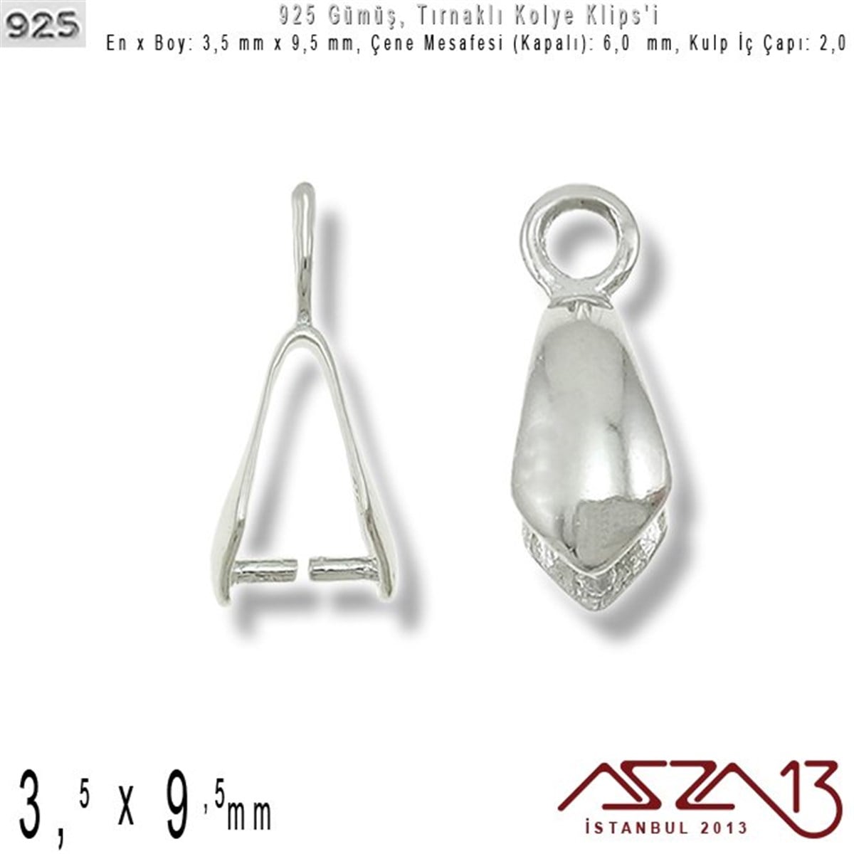 Gümüş Halka, Gümüş Top, Gümüş İğne, Gümüş KapamaGÜMÜŞazza13925 Ayar - 3,5 mm x 9,5 mm Ebatlarında - Tırnaklı Kolye Klipsi / 2 Adet