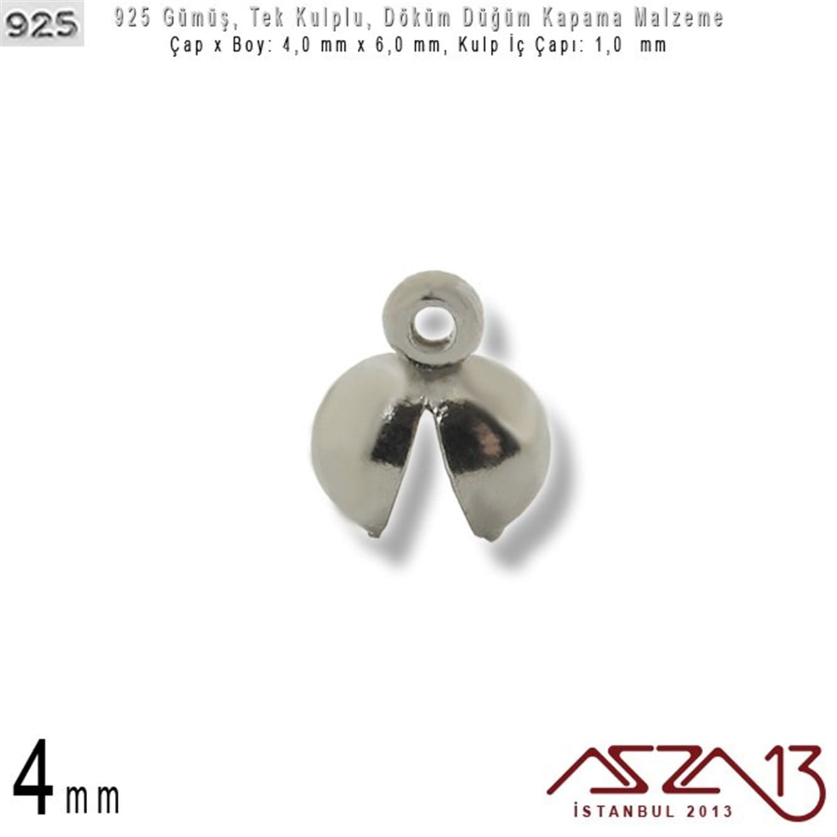 Gümüş Halka, Gümüş Top, Gümüş İğne, Gümüş KapamaGÜMÜŞazza13925 Ayar - 4,0 mm Çapında Yuvarlak - Döküm Düğüm Kapama / 2 Adet