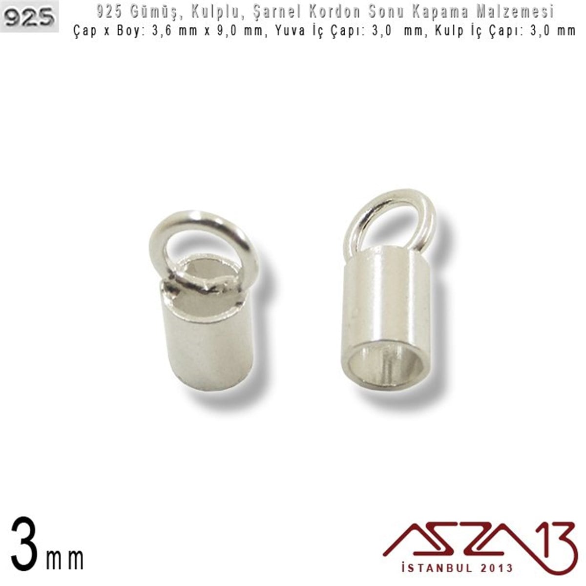 Gümüş Halka, Gümüş Top, Gümüş İğne, Gümüş KapamaGÜMÜŞazza13925 Ayar - 3,0 mm Yuva Çaplı Silindirik - Şarnel Kordon Sonu Kapama / 2 Adet