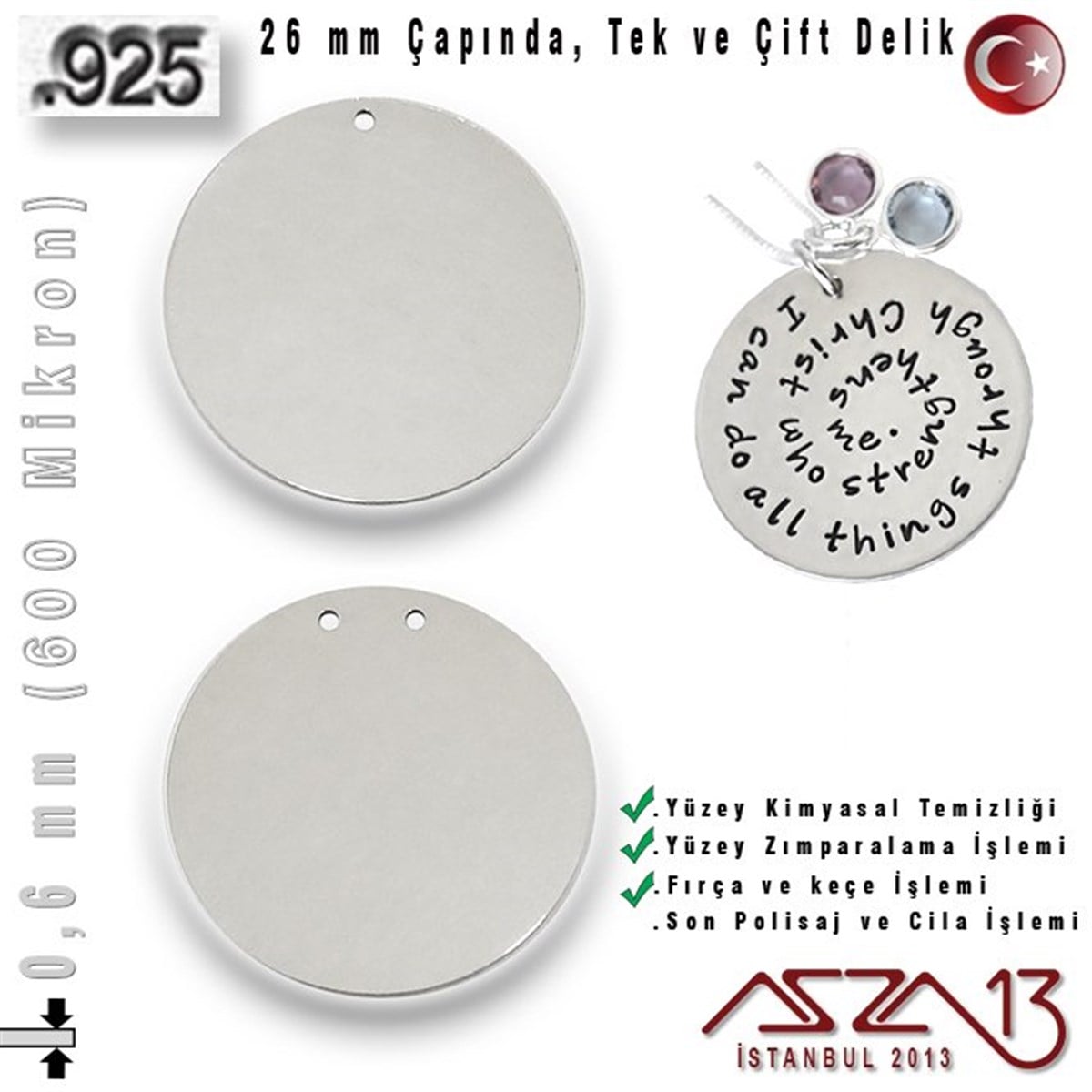 Gümüş Plaka (Astar)TAKI MALZEMEazza13925 Ayar - 0,6 mm (600 Mikron) Kalınlıkta Gümüş Pul - 26 mm Çapında /Tek ve Çift Delik