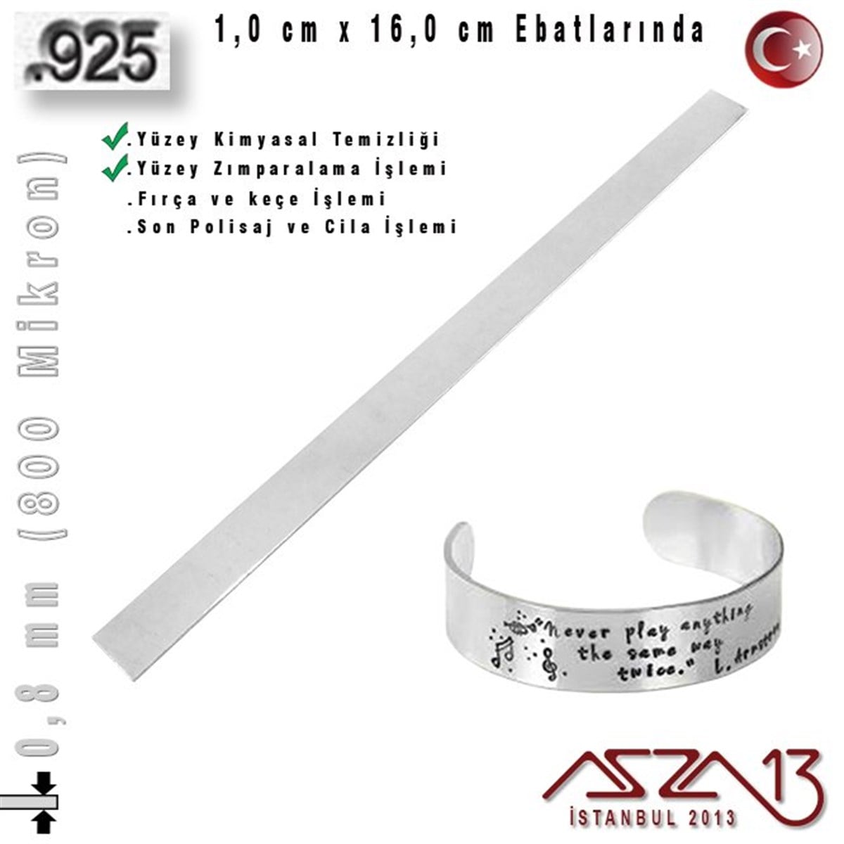 Gümüş Plaka (Astar)TAKI MALZEMEazza13925 Ayar - 0,8 mm (800 Mikron) Kalınlıkta Gümüş Şerit - 1,0 cm x 16,0 cm / Bileklik Yapımı İçin