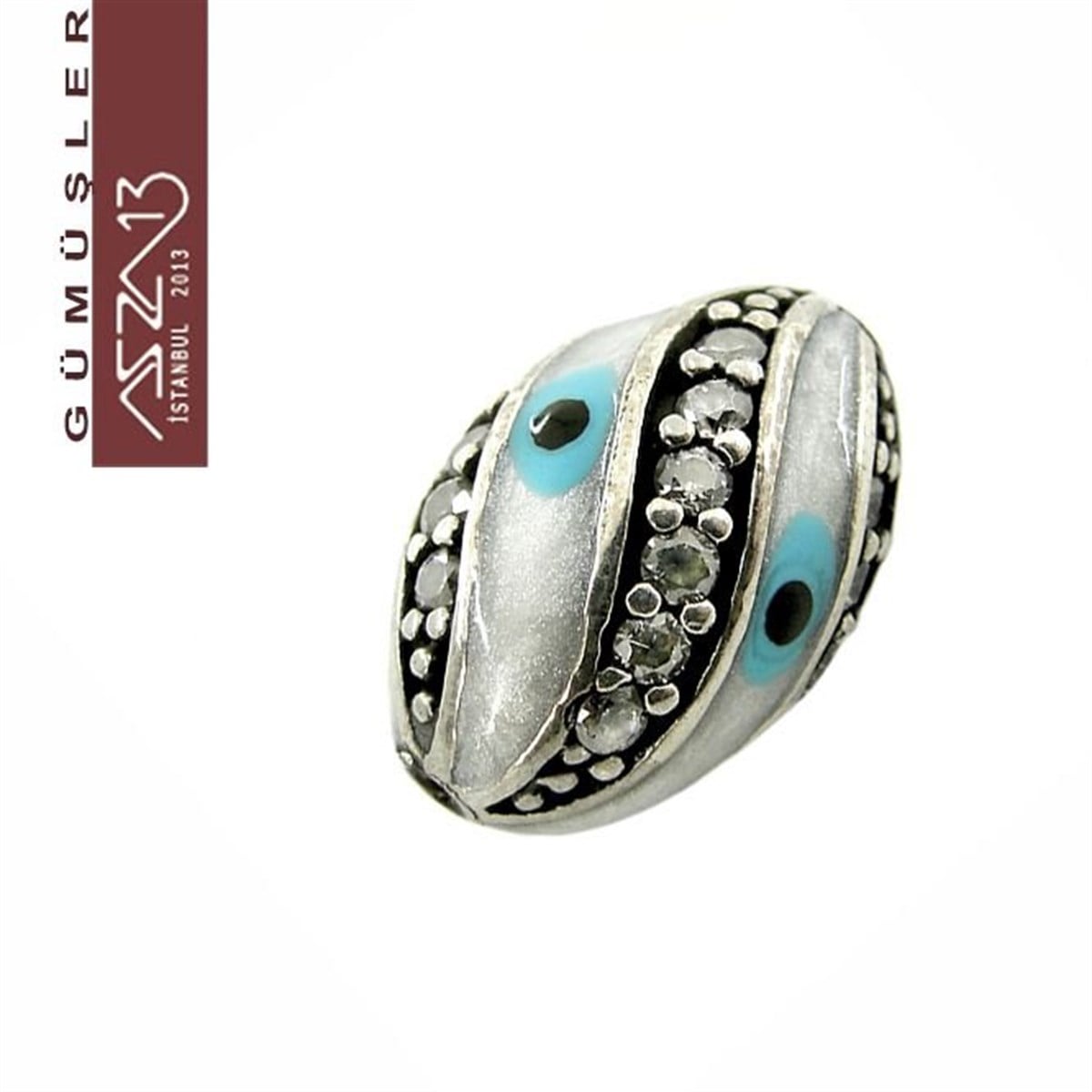 Gümüş Taşlı Döküm Ara MalzemelerGÜMÜŞazza13925 K Gümüş Kristal Taşlı, Beyaz Nazar Mineli Oval 9x13 mm Tespih Boncuk / Paket İçeriği 1 Adet
