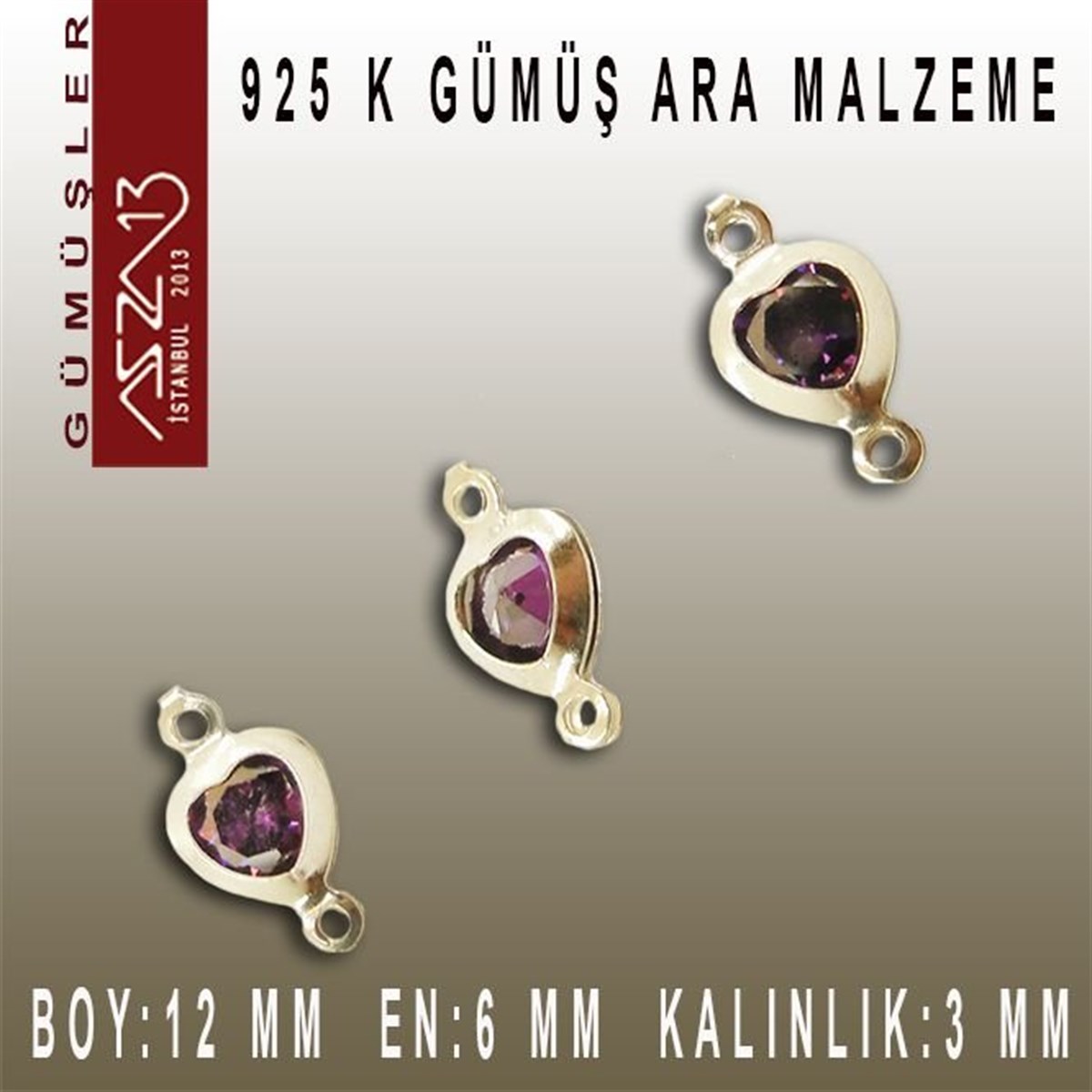 Gümüş Taşlı Döküm Ara MalzemelerGÜMÜŞMarkasız925 K Gümüş, Kalp, Amethyst Zirkon Taşlı, Çift Kulplu Ara Malzeme / Paket İçeriği 3 Adet