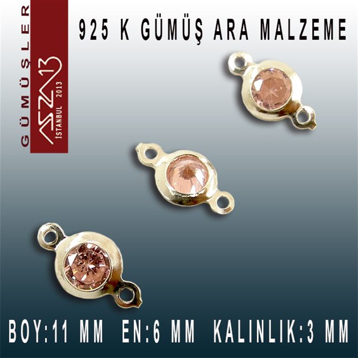 Gümüş Taşlı Döküm Ara MalzemelerGÜMÜŞMarkasız925 K Gümüş, Yuvarlak, Rose Zirkon Taşlı, Çift Kulplu Ara Malzeme / Paket İçeriği 3 Adet