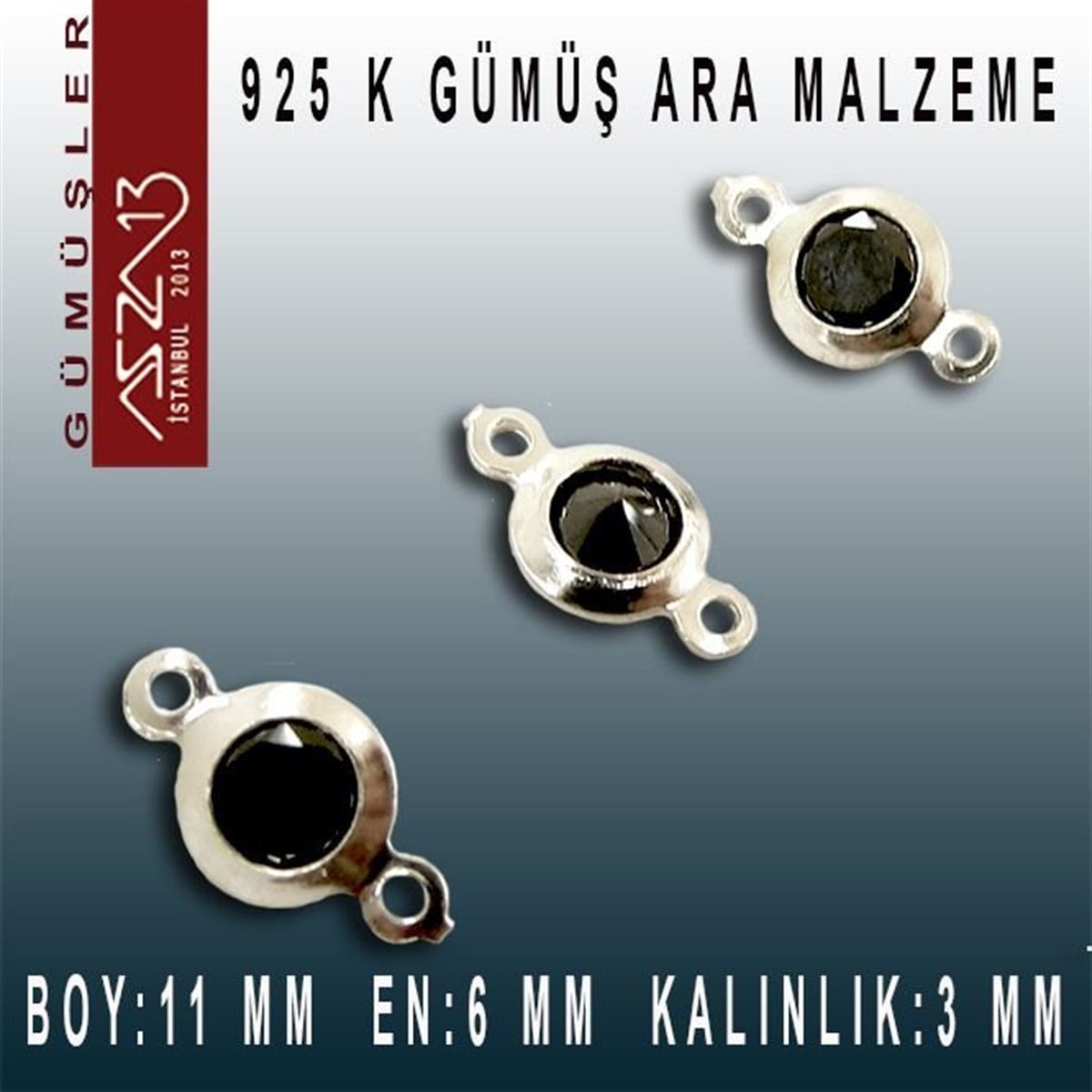 Gümüş Taşlı Döküm Ara MalzemelerGÜMÜŞMarkasız925 K Gümüş, Yuvarlak, Jet Zirkon Taşlı, Çift Kulplu Ara Malzeme / Paket İçeriği 3 Adet