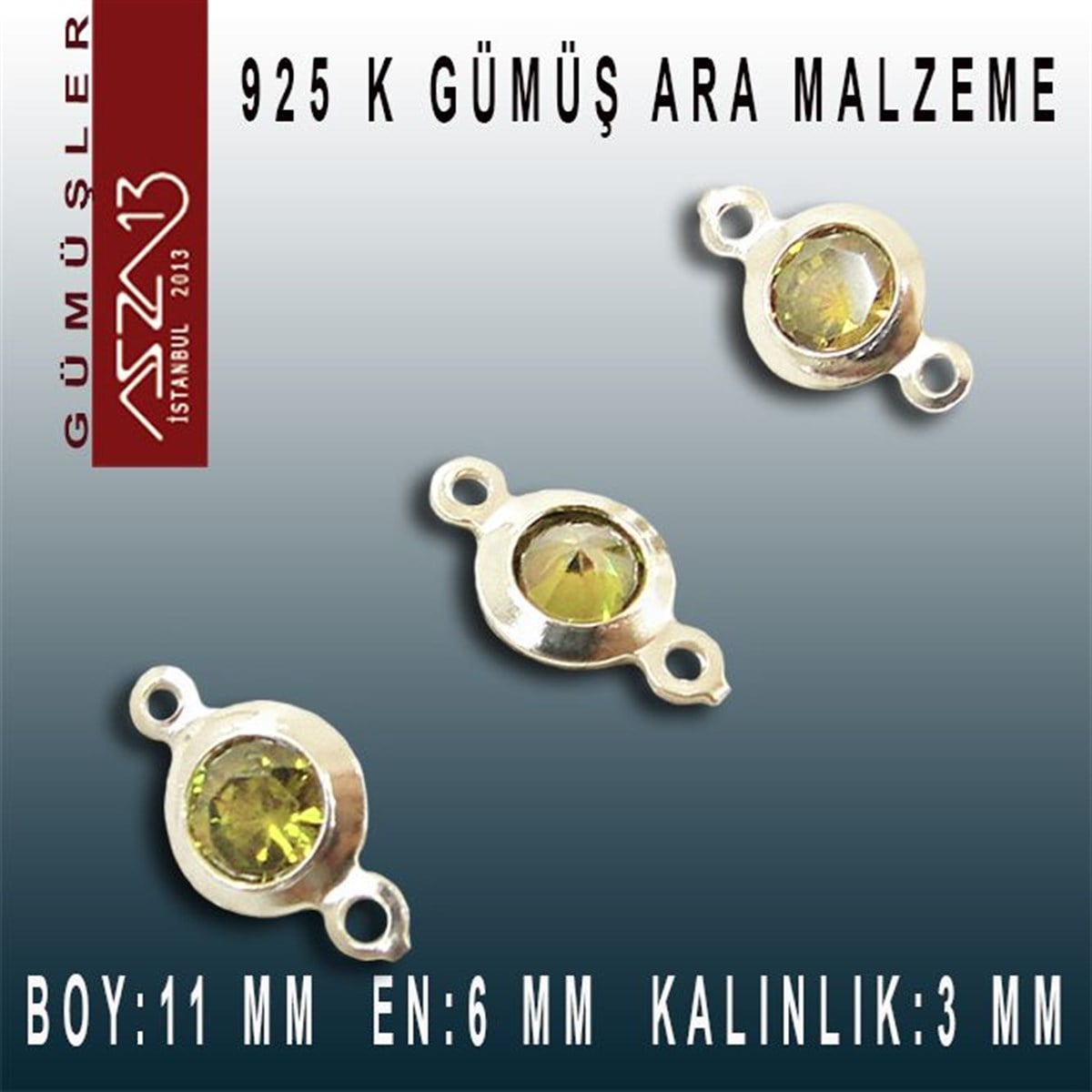 Gümüş Taşlı Döküm Ara MalzemelerGÜMÜŞMarkasız925 K Gümüş, Yuvarlak, Olive Zirkon Taşlı, Çift Kulplu Ara Malzeme / Paket İçeriği 3 Adet