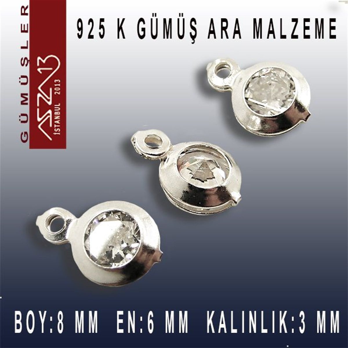 Gümüş Taşlı Döküm Ara MalzemelerGÜMÜŞMarkasız925 K Gümüş, Yuvarlak, Crystal Zirkon Taşlı, Tek Kulplu Ara Malzeme / Paket İçeriği 3 Adet