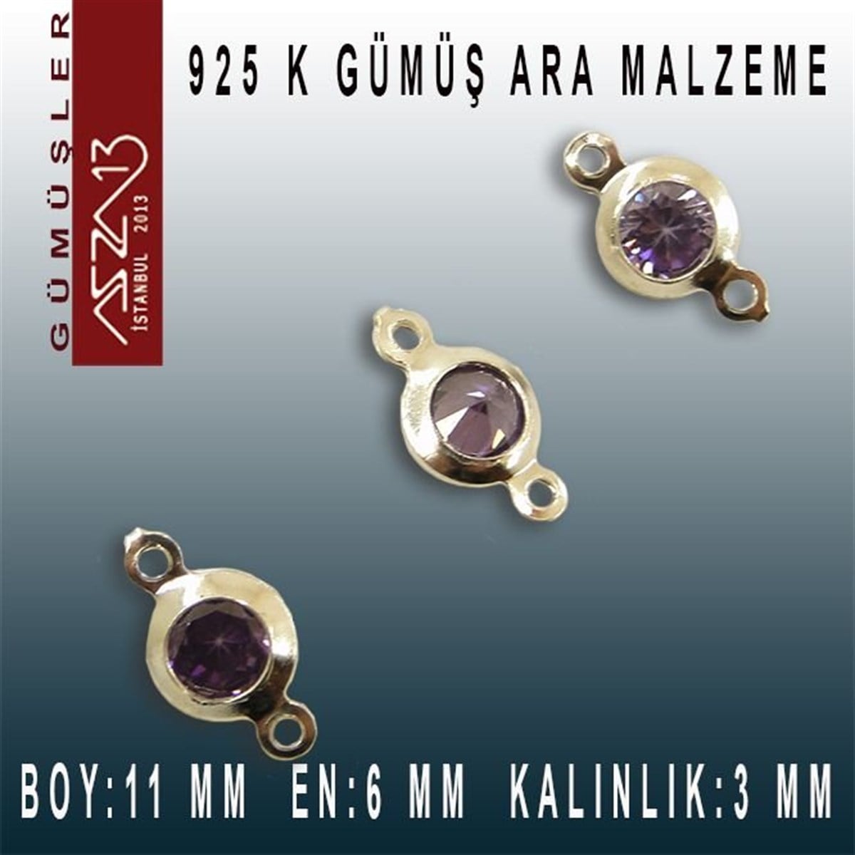 Gümüş Taşlı Döküm Ara MalzemelerGÜMÜŞMarkasız925 K Gümüş, Yuvarlak, Amethyst Zirkon Taşlı, Çift Kulplu Ara Malzeme / Paket İçeriği 3 Adet