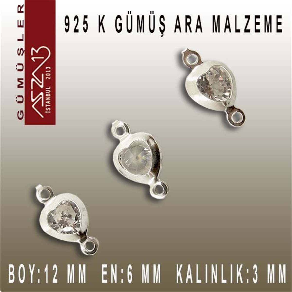 Gümüş Taşlı Döküm Ara MalzemelerGÜMÜŞMarkasız925 K Gümüş, Kalp, Crystal Zirkon Taşlı, Çift Kulplu Ara Malzeme / Paket İçeriği 3 Adet