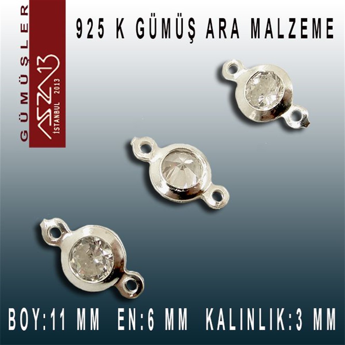 Gümüş Taşlı Döküm Ara MalzemelerGÜMÜŞMarkasız925 K Gümüş, Yuvarlak, Crystal Zirkon Taşlı, Çift Kulplu Ara Malzeme / Paket İçeriği 3 Adet