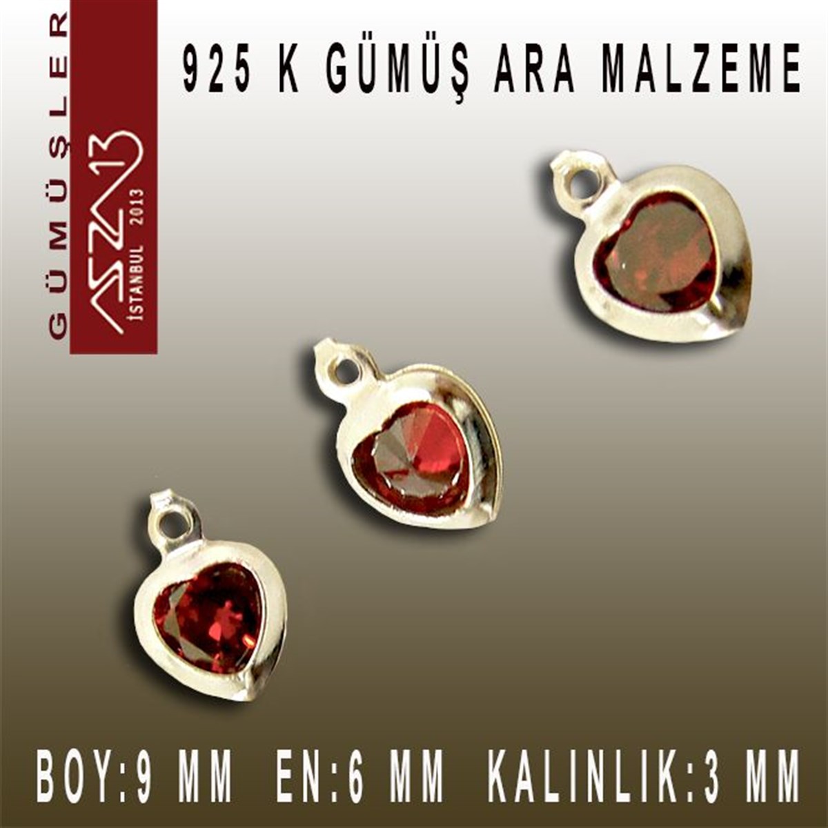 Gümüş Taşlı Döküm Ara MalzemelerGÜMÜŞMarkasız925 K Gümüş, Kalp, Siam Zirkon Taşlı, Tek Kulplu Ara Malzeme / Paket İçeriği 3 Adet