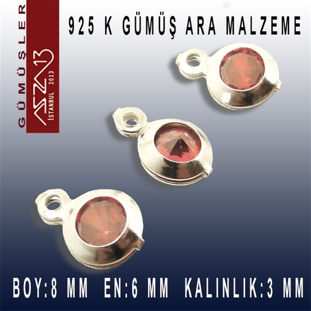 Gümüş Taşlı Döküm Ara MalzemelerGÜMÜŞMarkasız925 K Gümüş, Yuvarlak, Siam Zirkon Taşlı, Tek Kulplu Ara Malzeme / Paket İçeriği 3 Adet