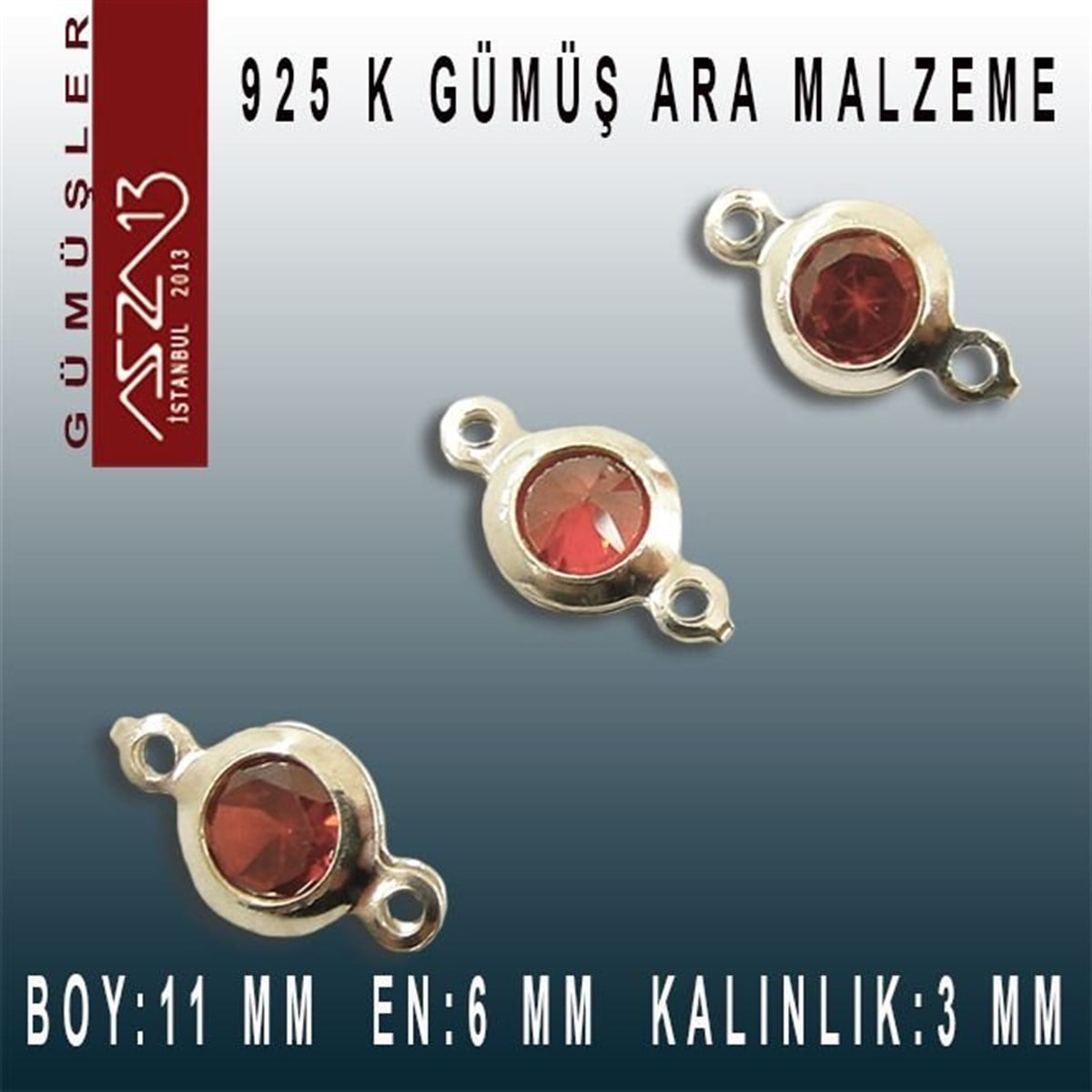 Gümüş Taşlı Döküm Ara MalzemelerGÜMÜŞMarkasız925 K Gümüş, Yuvarlak, Siam Zirkon Taşlı, Çift Kulplu Ara Malzeme / Paket İçeriği 3 Adet
