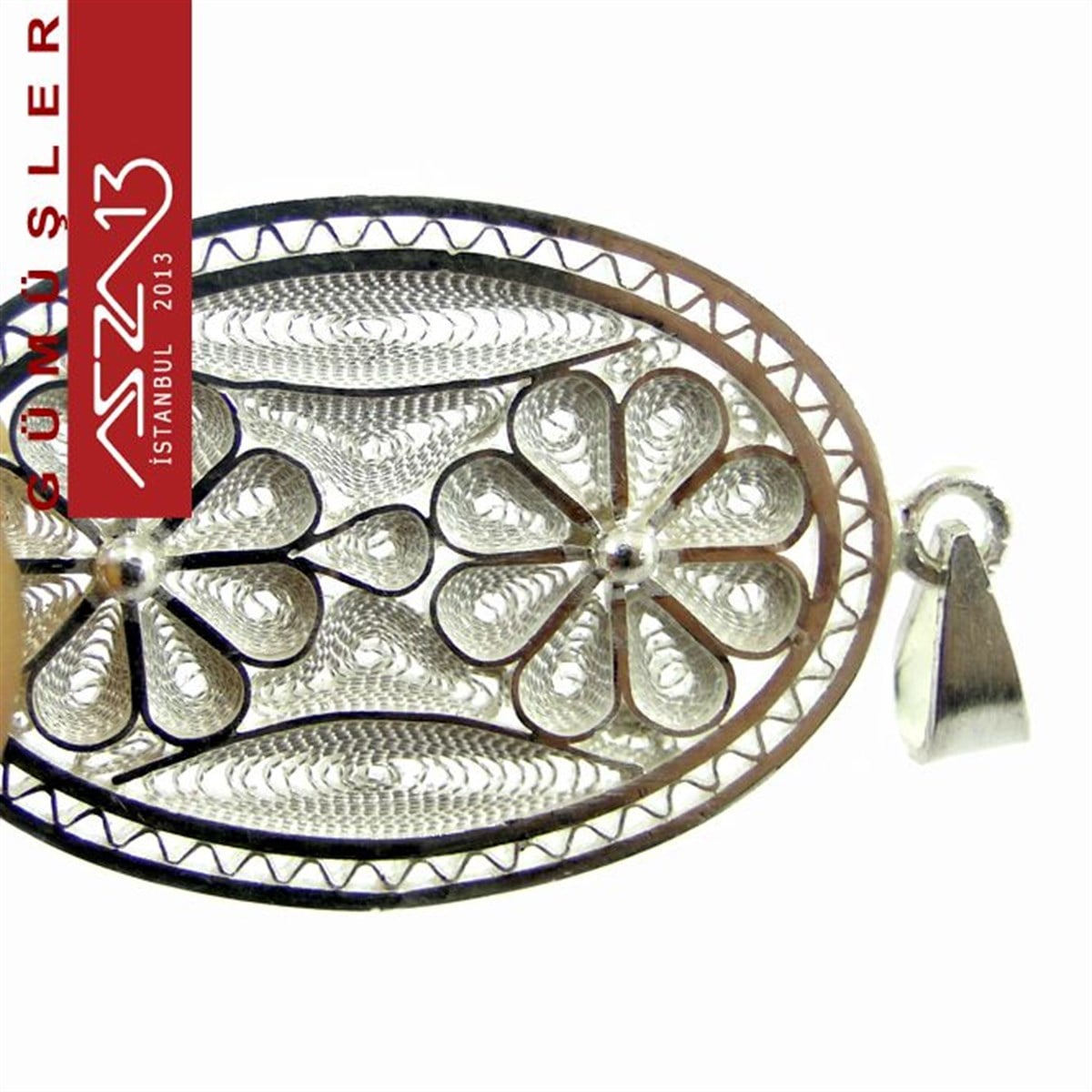 GÜMÜŞ TELKARİ BAĞLANTI PARÇASIGÜMÜŞazza133,2x2,3 cm Dikey İki Çiçek Motifli Oval, 925 Gümüş Telkari Kolye Ucu Fligran (5,65 gr)