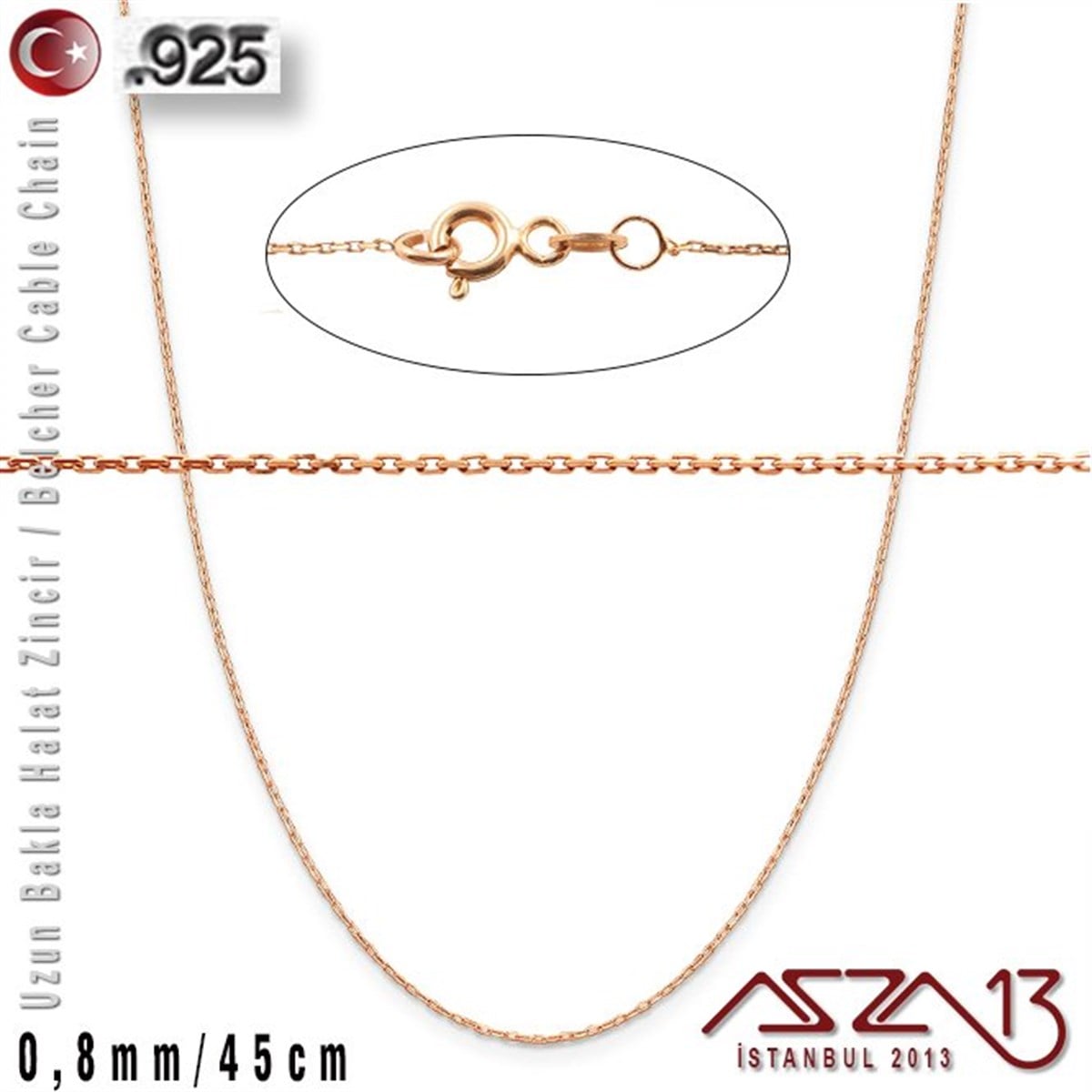 Gümüş ZincirGÜMÜŞMarkasız925 K Gümüş - 0,8 mm - Rose Gold Kaplama - Uzun Baklalı Halat (Cable) Zincir / 45 cm