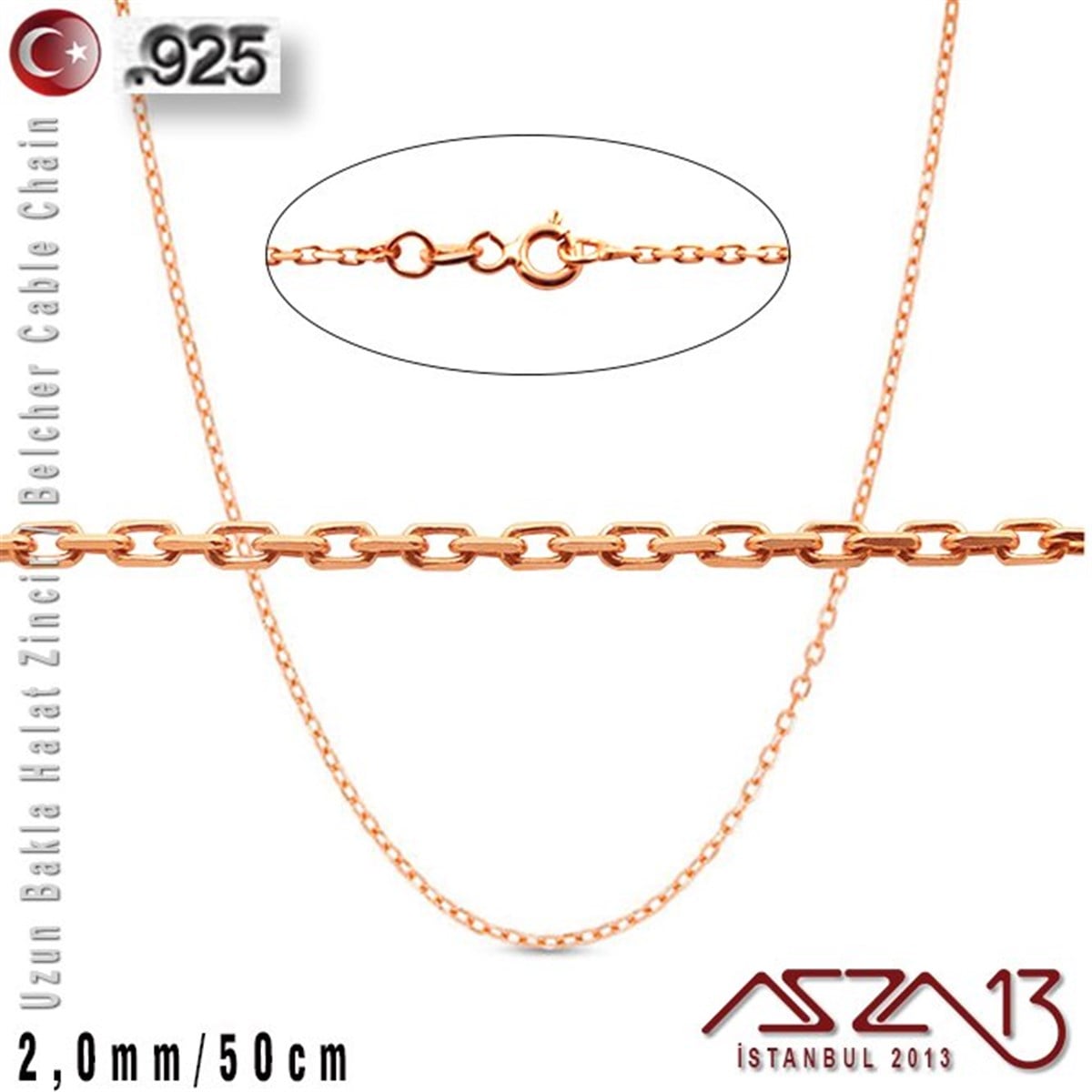 Gümüş ZincirGÜMÜŞMarkasız925 K Gümüş - 2,0 mm - Rose Gold Kaplama - Uzun Baklalı Halat (Cable) Zincir / 50 cm