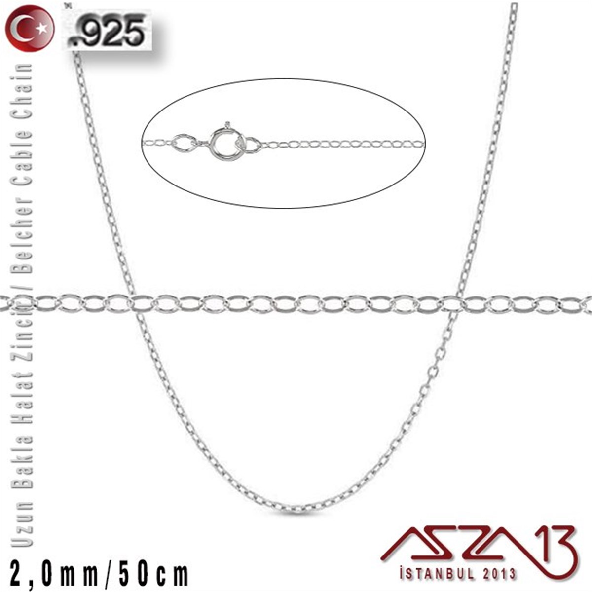 Gümüş ZincirGÜMÜŞMarkasız925 K Gümüş - 2,0 mm - Uzun Baklalı Halat (Cable) Zincir / 50 cm