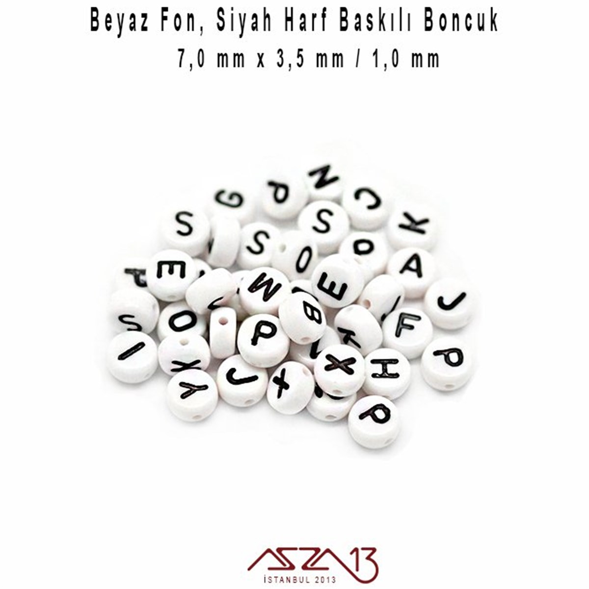 Harf, Rakam ve Burç BoncuklarBONCUK ve TAŞMarkasız365 Adet 7 mm Beyaz Fon, Siyah Renk Harfli Yassı Yuvarlak Boncuk (50 Gr)