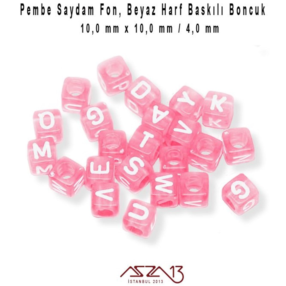 Harf, Rakam ve Burç BoncuklarBONCUK ve TAŞMarkasız''1. Kalite'' 125 Adet 10 mm Pembe Saydam Fon, Beyaz Harfli Küp Boncuk (100 Gr)