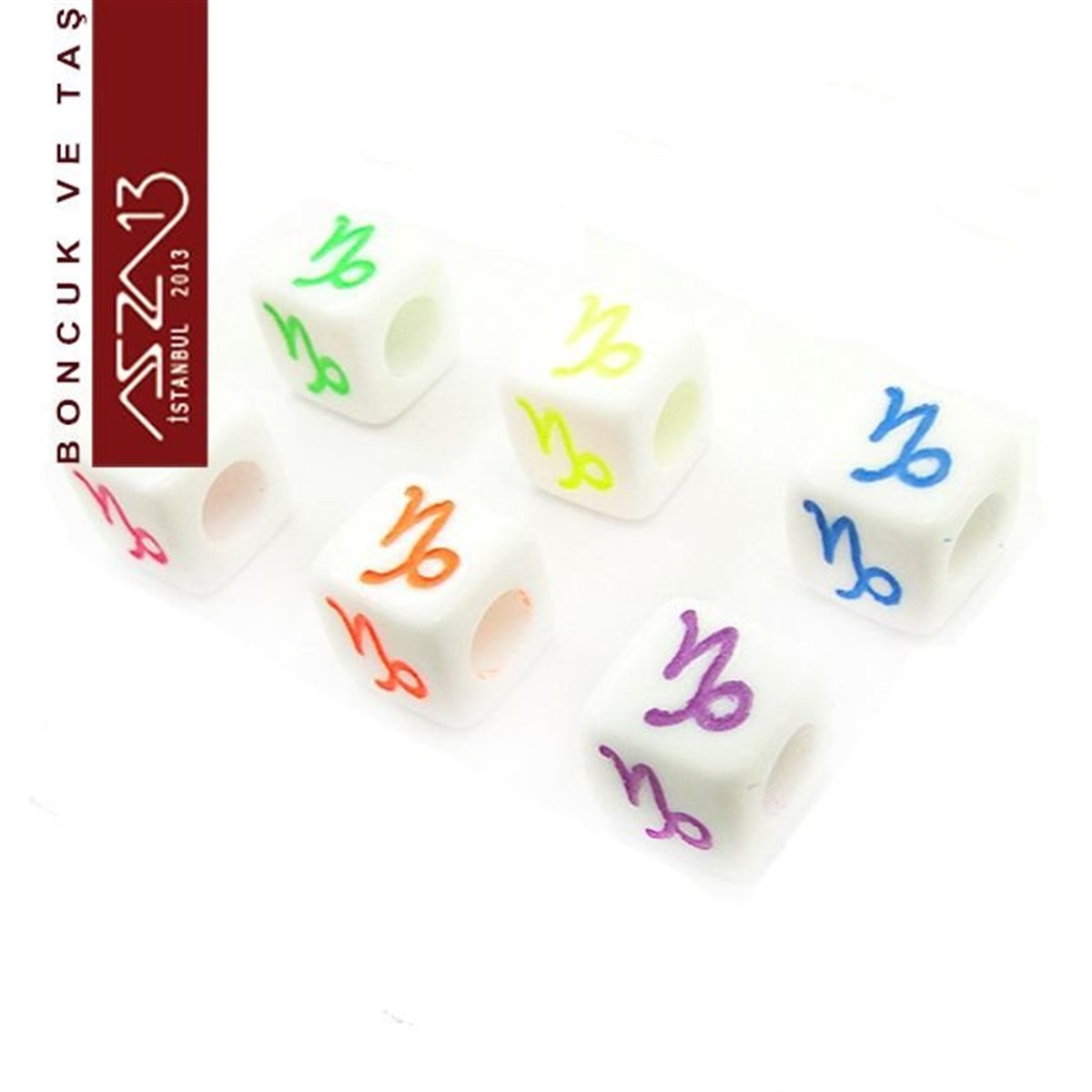 Harfli, Burçlu BoncuklaarBONCUK ve TAŞMarkasız6 Adet 7 mm Beyaz Fon, Karışık Neon Renkli Oğlak Küp Boncuk