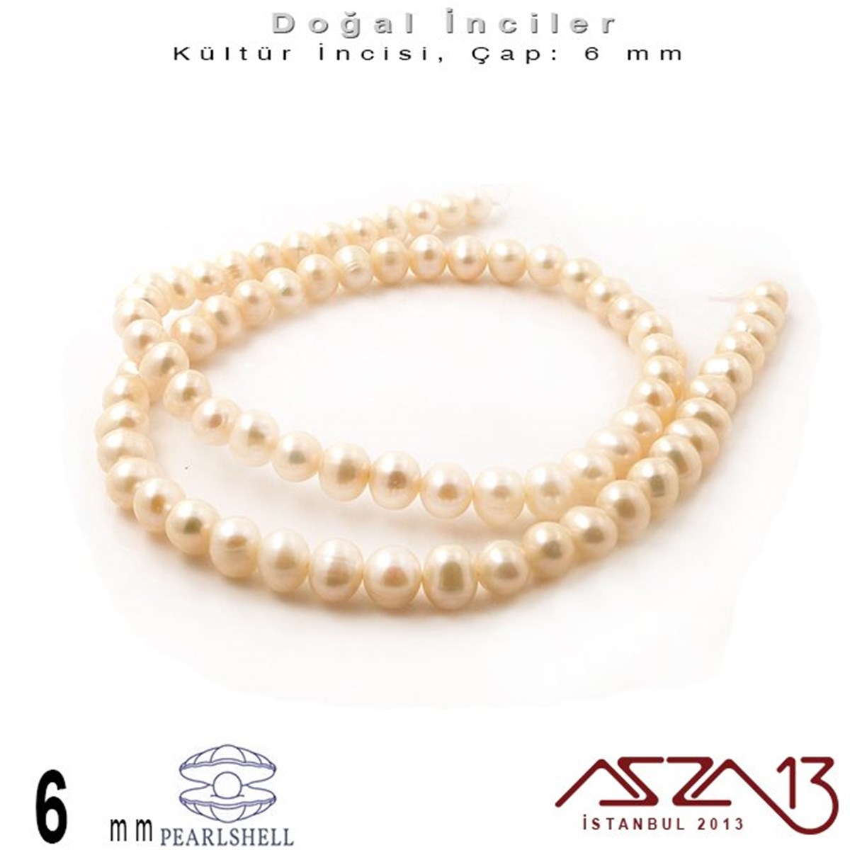 İnci BoncuklarBONCUK ve TAŞMarkasız6 mm - Yuvarlak - Düz Yüzey - Doğal İnci (PearlShell) / 75 Adet (1 Dizi)