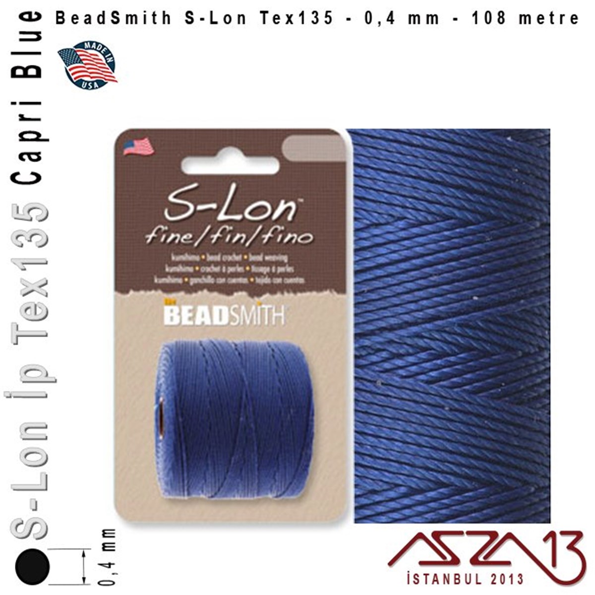 İpler, Kordonlar, Misinalarİp, Kordon, MisinaBeadSmithS-Lon Tex135 Fine - Capri Blue - Kapri Mavisi - 0,4 mm Kalınlıkta İp / 108 metre