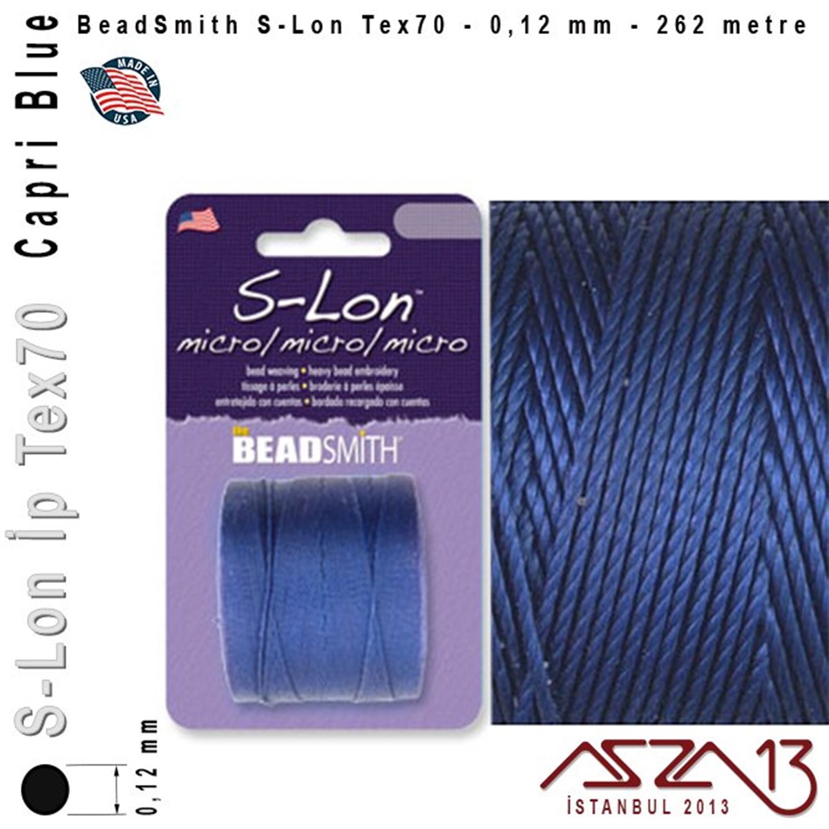 İpler, Kordonlar, Misinalarİp, Kordon, MisinaBeadSmithS-Lon Tex70 Micro - Capri Blue - Kapri Mavisi - 0,12 mm Kalınlıkta İp / 262 metre