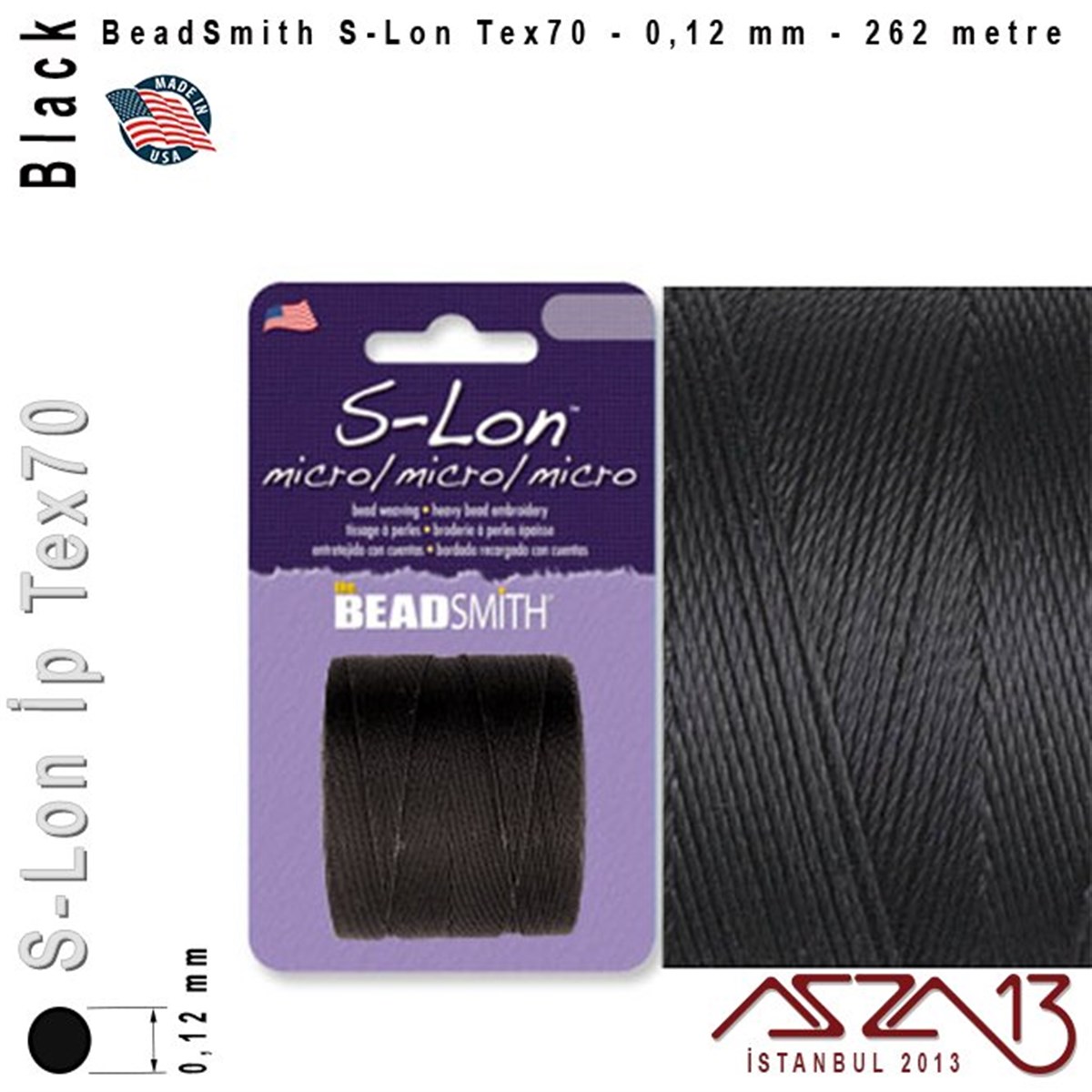 İpler, Kordonlar, Misinalarİp, Kordon, MisinaBeadSmithS-Lon Tex70 Micro - Black - Siyah - 0,12 mm Kalınlıkta İp / 262 metre