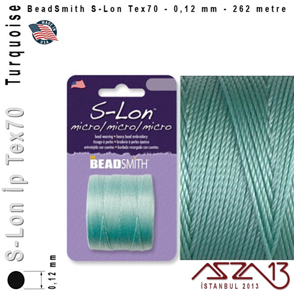 İpler, Kordonlar, Misinalarİp, Kordon, MisinaBeadSmithS-Lon Tex70 Micro - Turquoise - Turkuaz - 0,12 mm Kalınlıkta İp / 262 metre