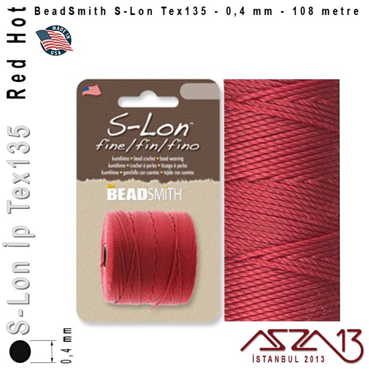 İpler, Kordonlar, Misinalarİp, Kordon, MisinaBeadSmithS-Lon Tex135 Fine - Red Hot - Ateş Kırmızı - 0,4 mm Kalınlıkta İp / 108 metre