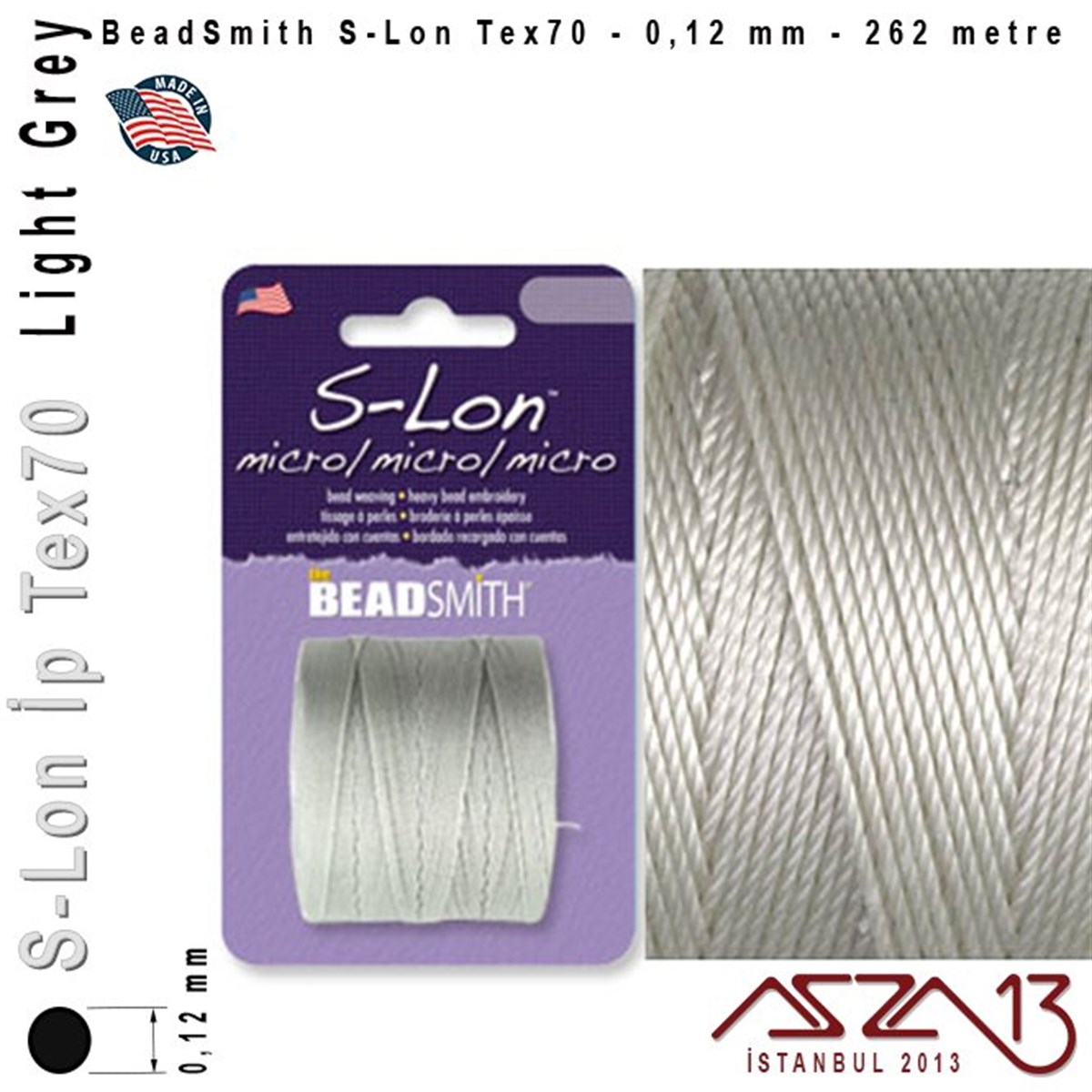İpler, Kordonlar, Misinalarİp, Kordon, MisinaBeadSmithS-Lon Tex70 Micro - Light Grey - Açık Gri - 0,12 mm Kalınlıkta İp / 262 metre