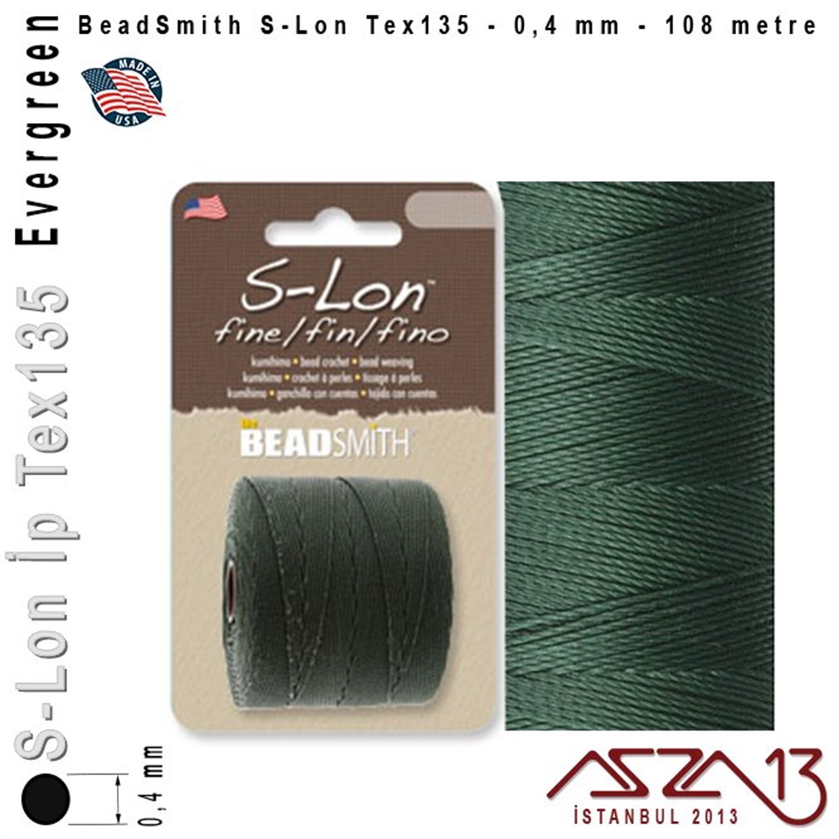 İpler, Kordonlar, Misinalarİp, Kordon, MisinaBeadSmithS-Lon Tex135 Fine - Evergreen - Yaprak Yeşil - 0,4 mm Kalınlıkta İp / 108 metre