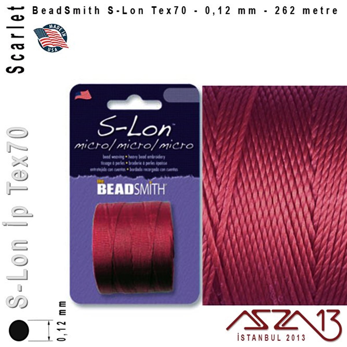 İpler, Kordonlar, Misinalarİp, Kordon, MisinaBeadSmithS-Lon Tex70 Micro - Scarlet - Skarlet Kırmızı - 0,12 mm Kalınlıkta İp / 262 metre
