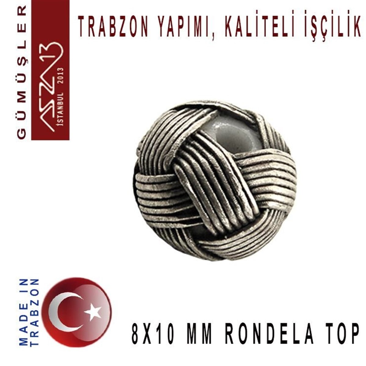 Kazaziye Tasarım MalzemeleriGÜMÜŞazza138x10 mm Çaplarında 1000K Eskitilmiş Gümüş Kazaziye Top / Paket İçeriği 1 Adet