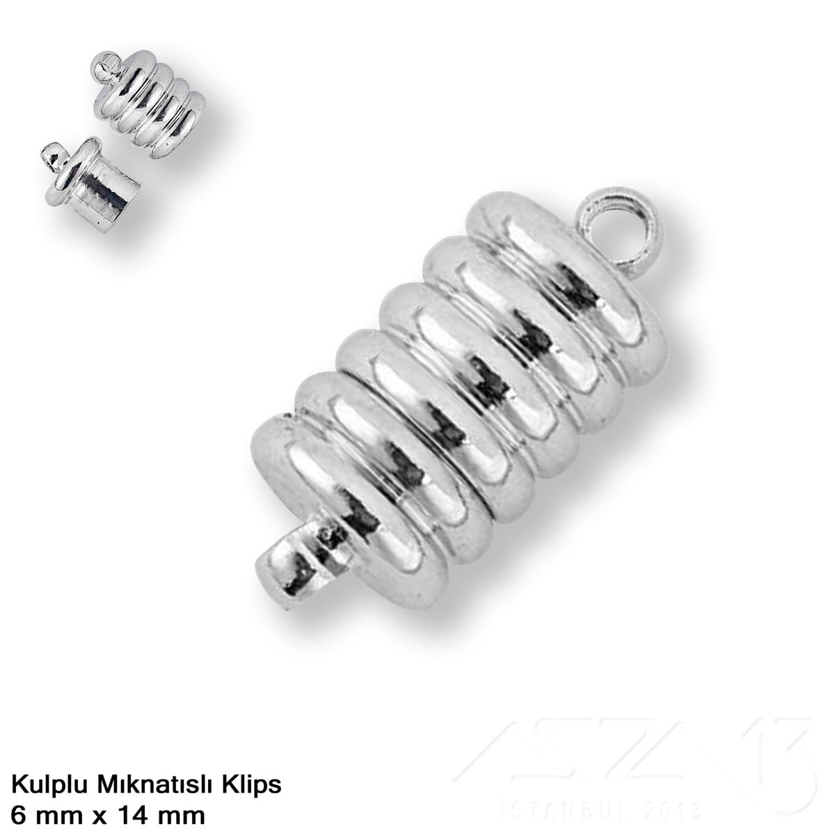 Klips, Kilit  / Mıknatıslı KlipsMıknatıslı Kilit, Klipsazza1306.Tm.61.Kt.042Klips - Mıknatıslı - Kulplu, Yivli Silindir,  Rodyum Kaplamalı - 14 mm / 1 Adet