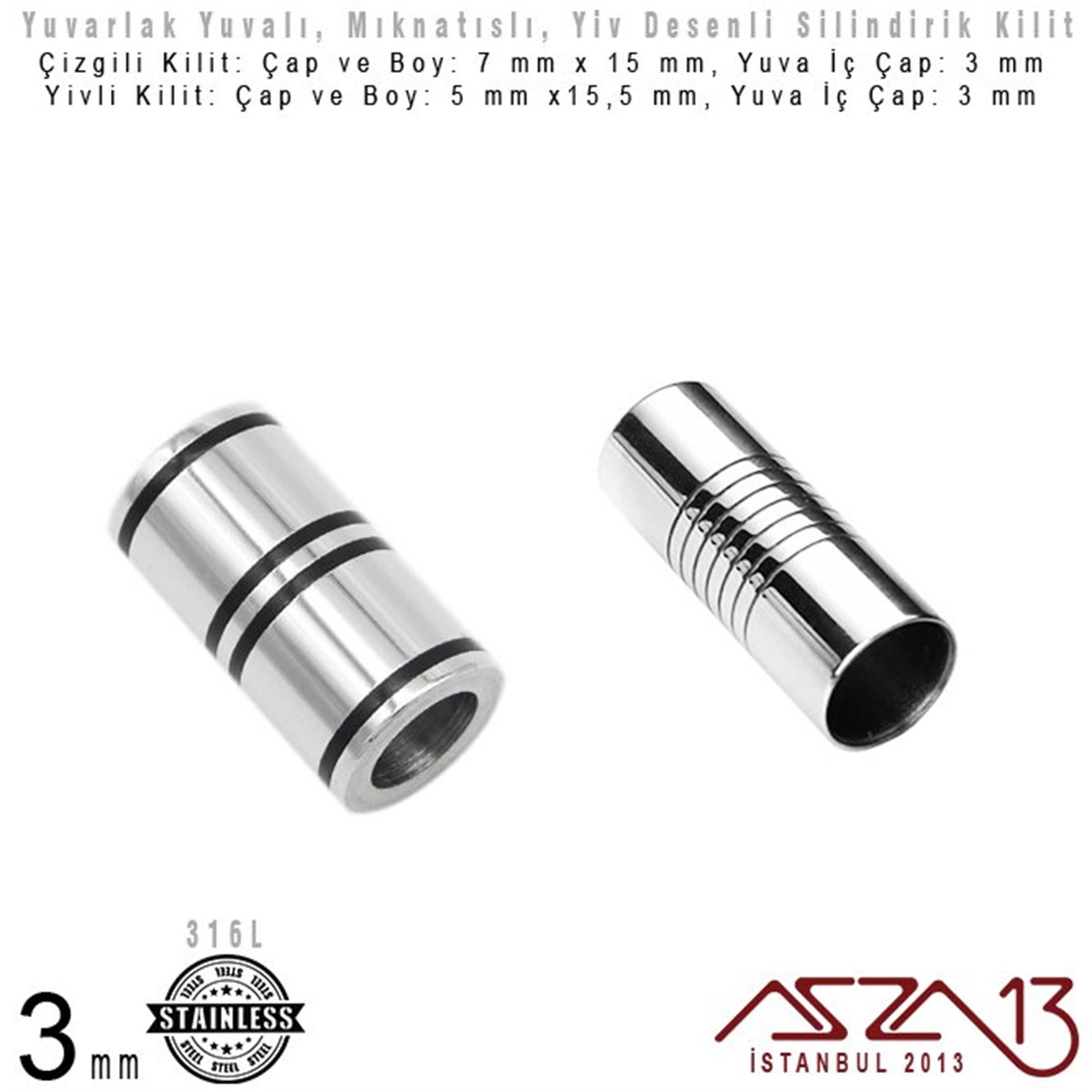 Klipsler, KilitlerTAKI MALZEMEMarkasız316L Çelik Mıknatıslı Kilit (Klips) - 3 mm Yuvalı 15 ve 15,5 x 5 ve 7 mm / 1 Adet